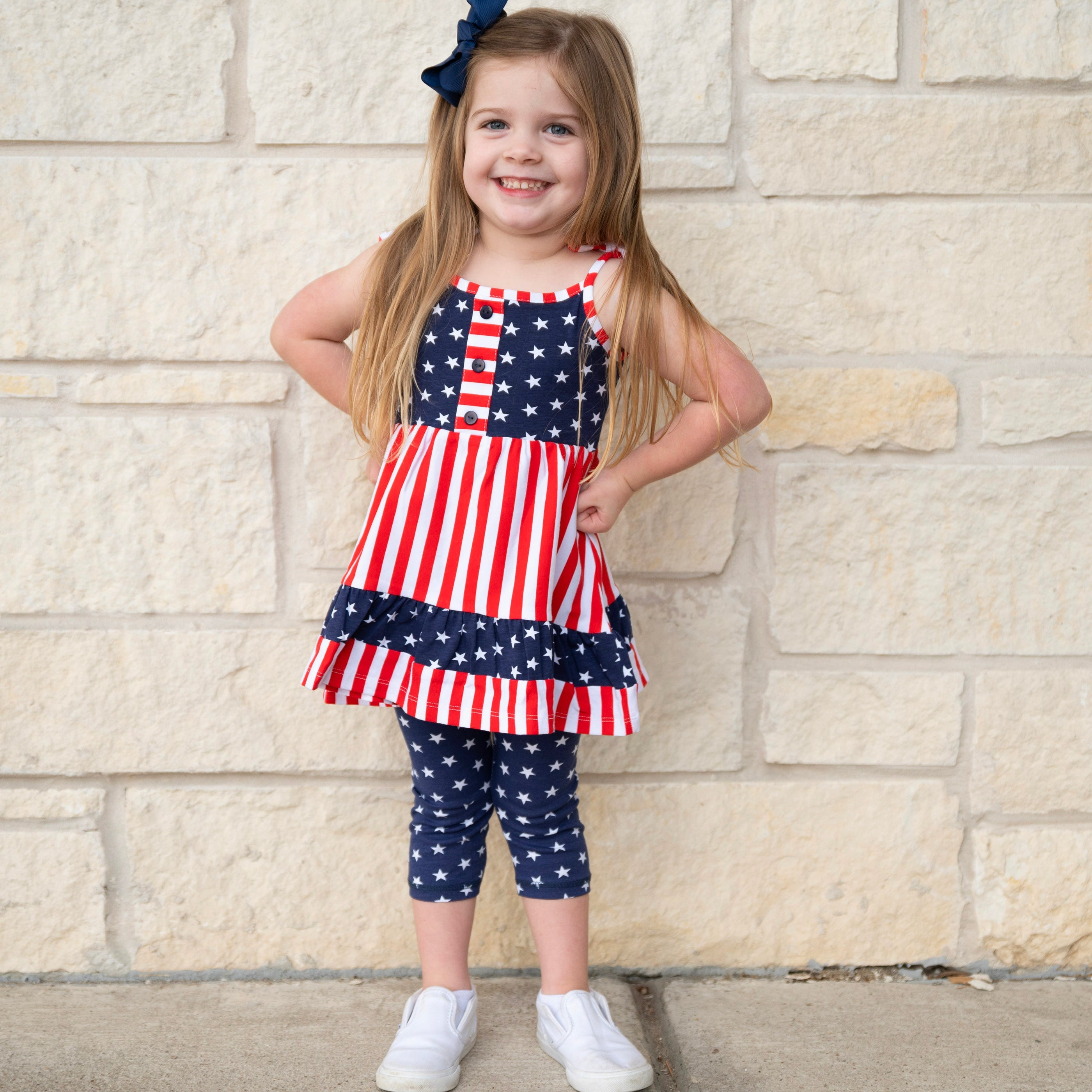 Annloren Girls 4th Of July Stars & Striped Dress & Capri Leggings Outfit