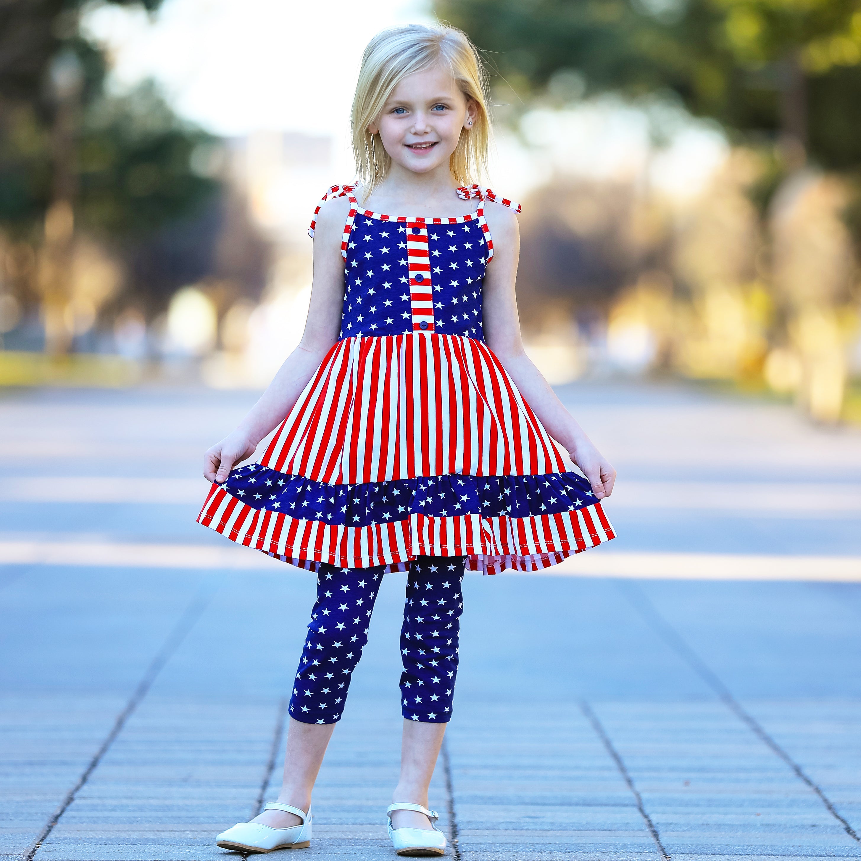 Annloren Girls 4th Of July Stars & Striped Dress & Capri Leggings Outfit