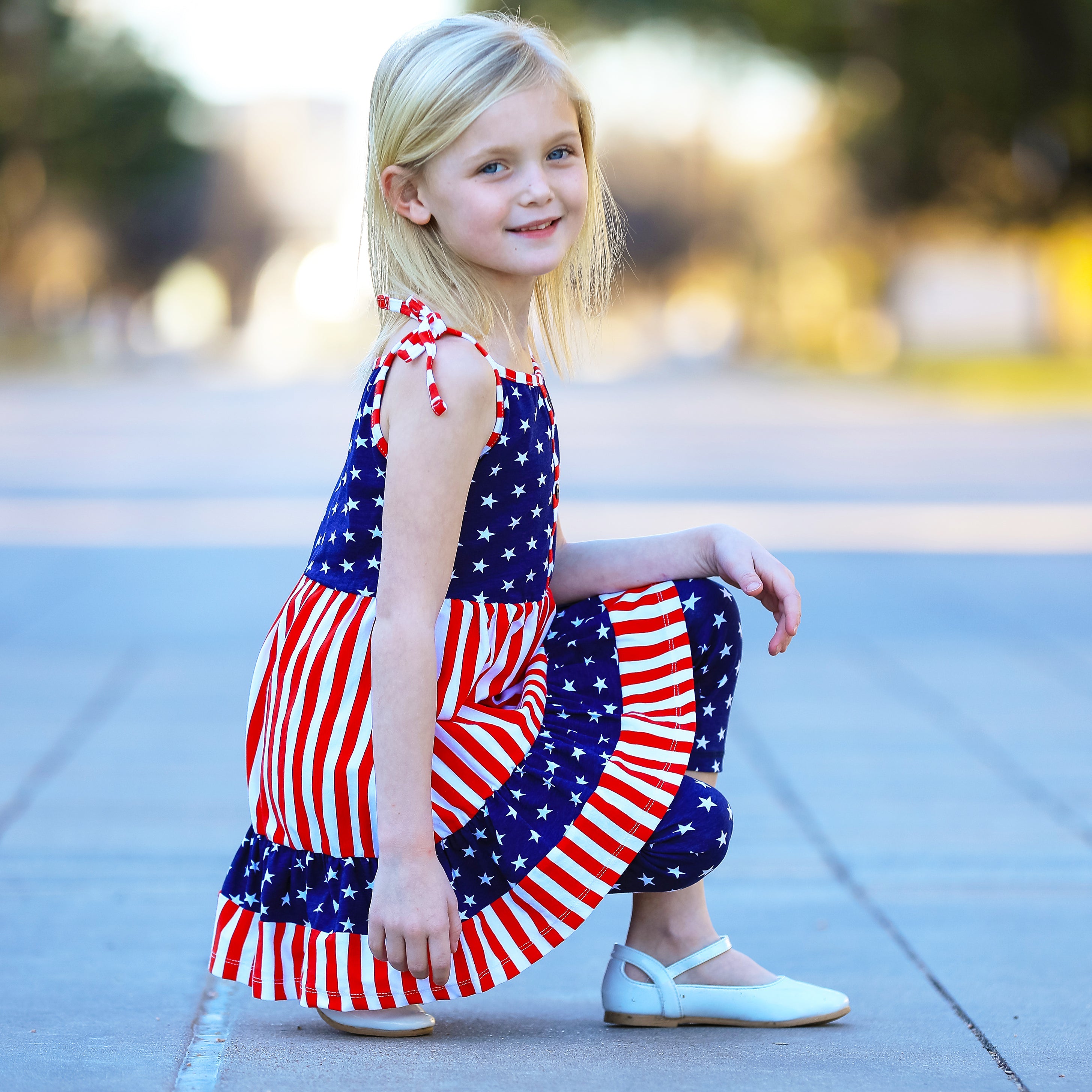 Annloren Girls 4th Of July Stars & Striped Dress & Capri Leggings Outfit