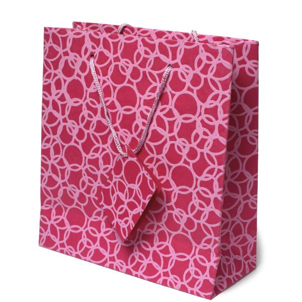 Set Of Six Recycled Cotton Gift Bags With Tag In Pink Circles Design