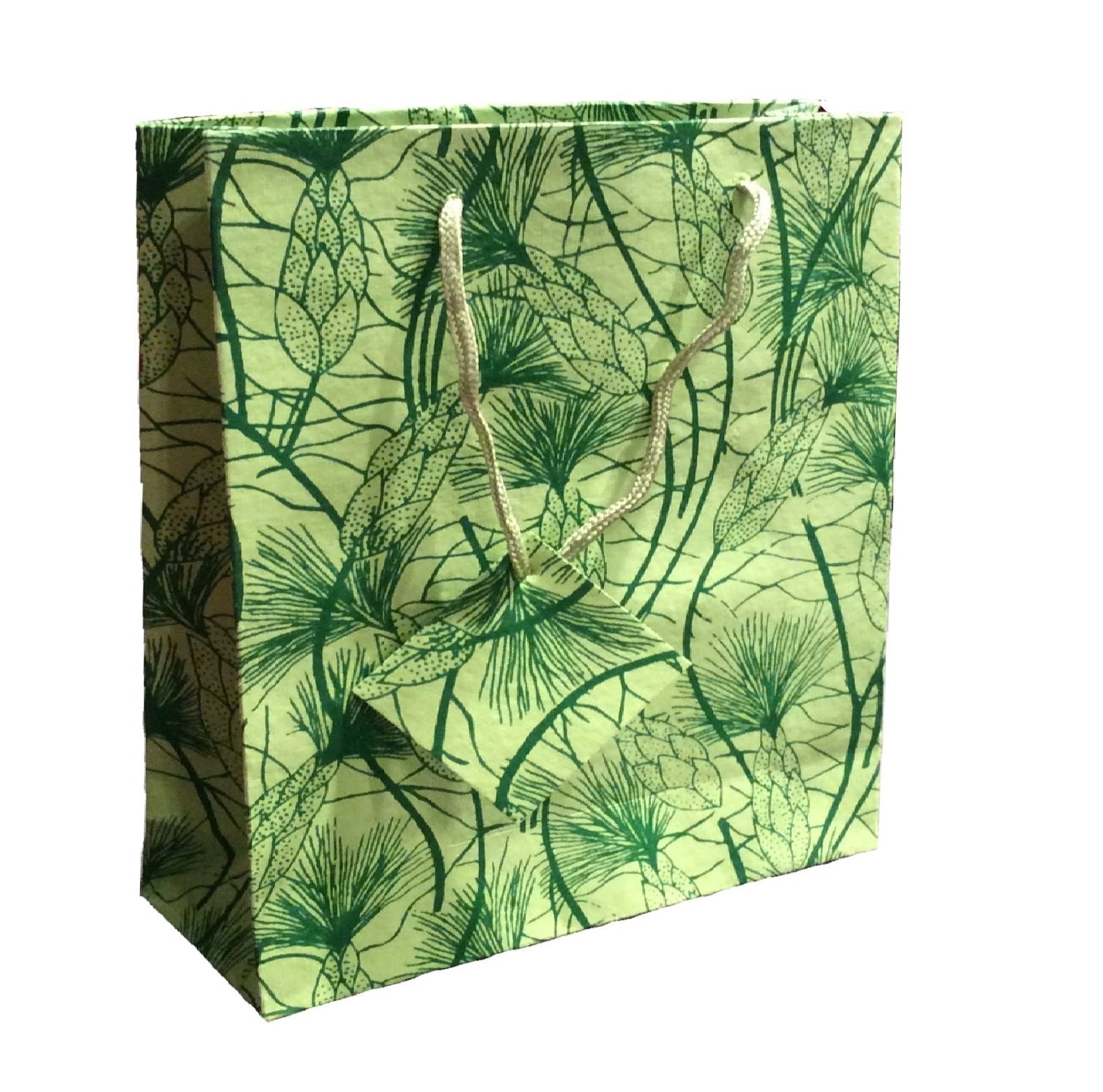 Set Of Six Recycled Cotton Gift Bags With Tag In Green Beach Grass Design