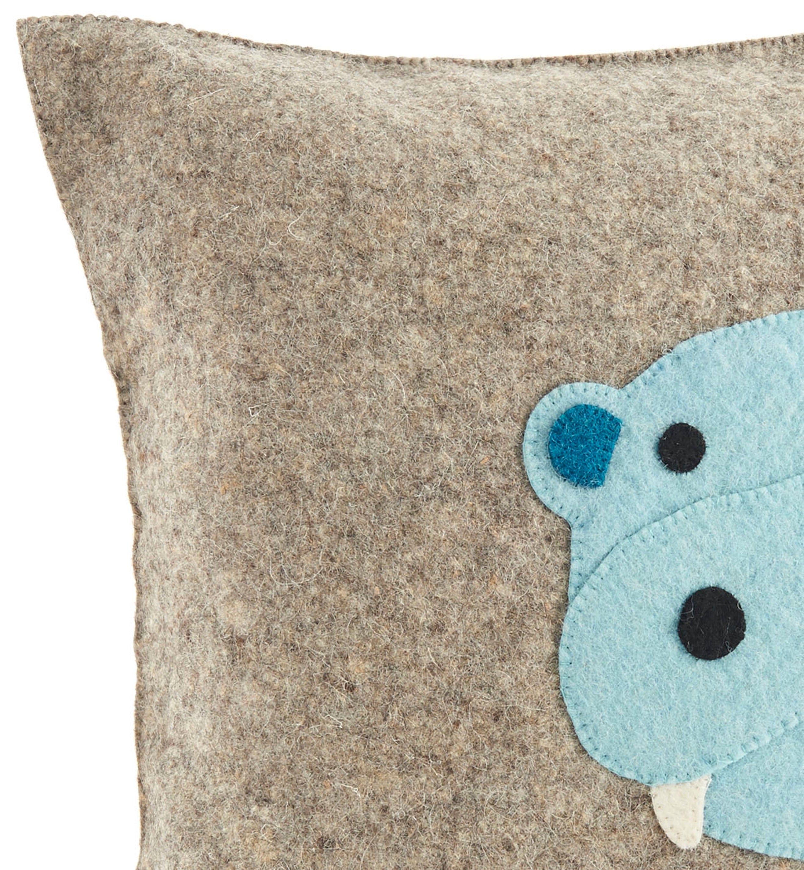 Handmade Pillow In Hand Felted Wool - Blue Hippo On Gray - 18"