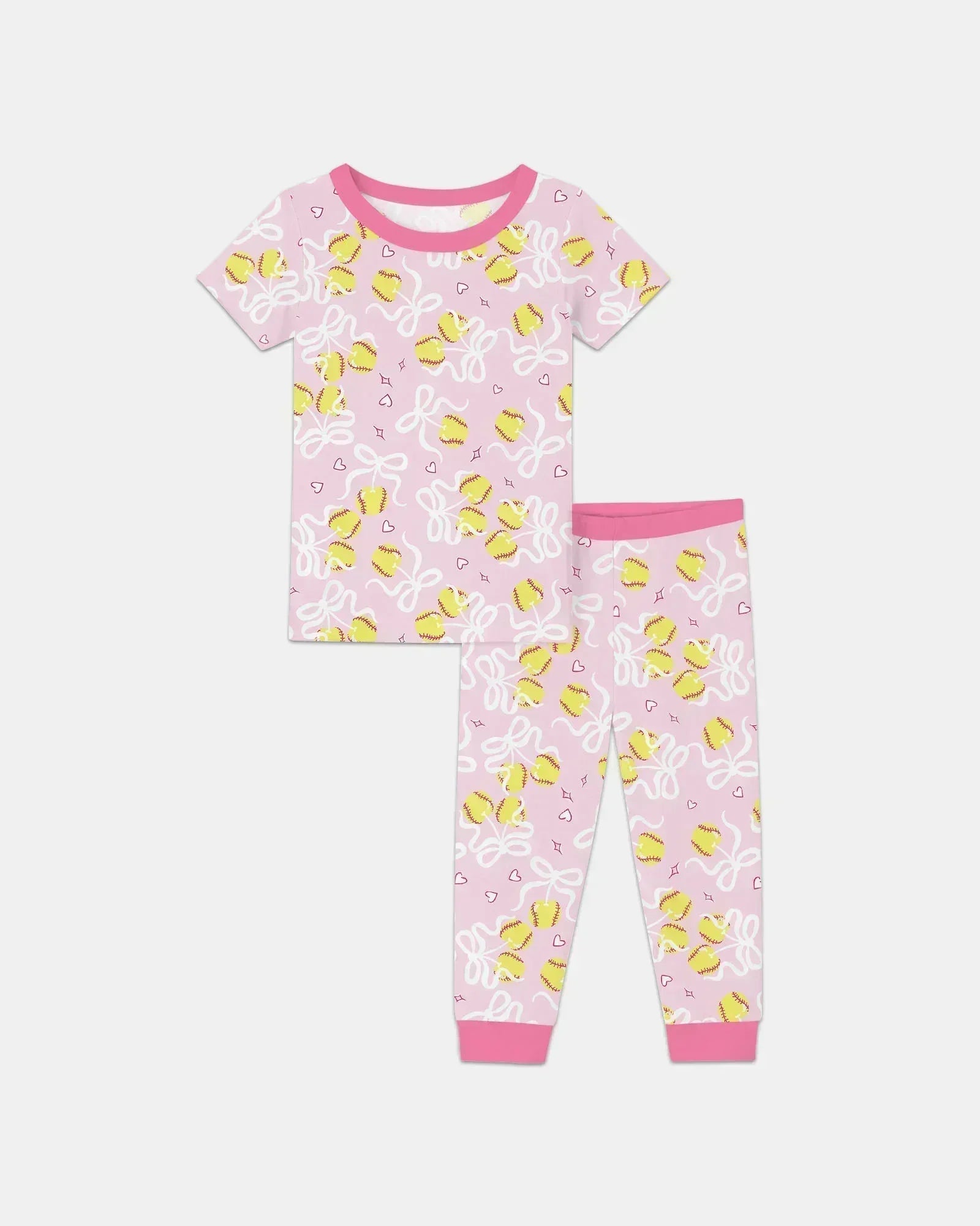 Softball Cherry Mom And Girl Matching Bamboo Two Piece Short Sleeve Pajama Set