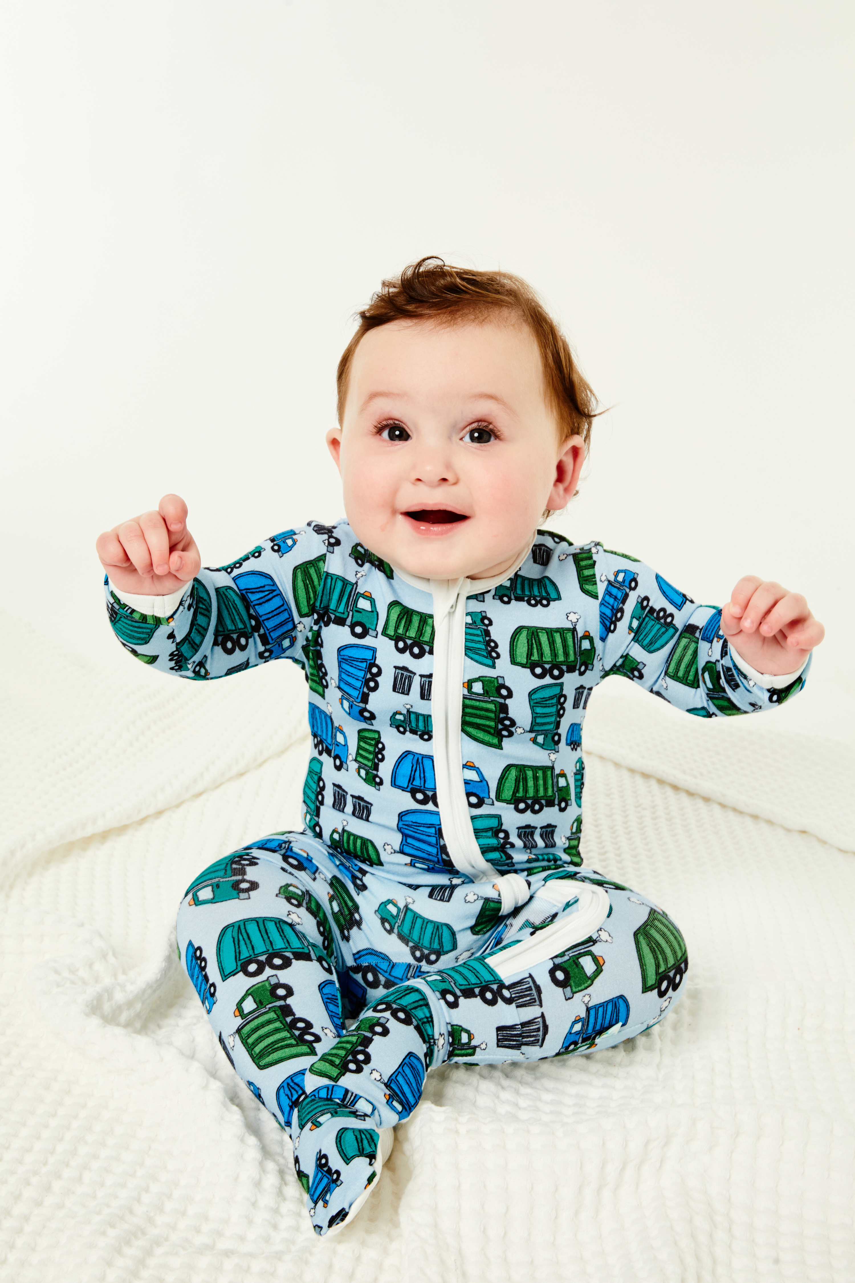Soft & Stretchy Zipper Footie - Garbage Trucks