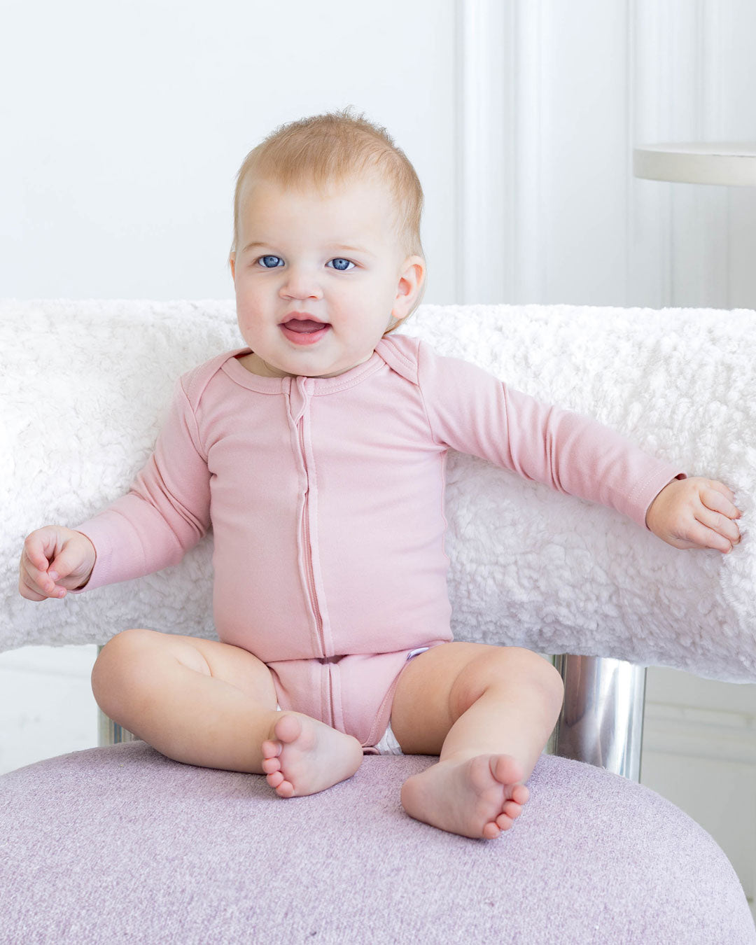 Long Sleeve Zipper Bodysuit In Peach, 9-12m