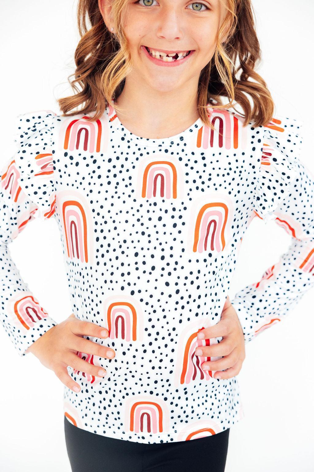 Peach Rainbow L/s Ruffle Tee