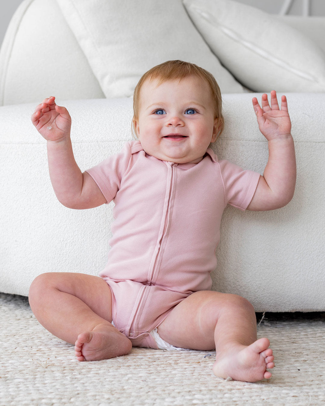 Short Sleeve Zipper Bodysuit In Peach, 3-6m