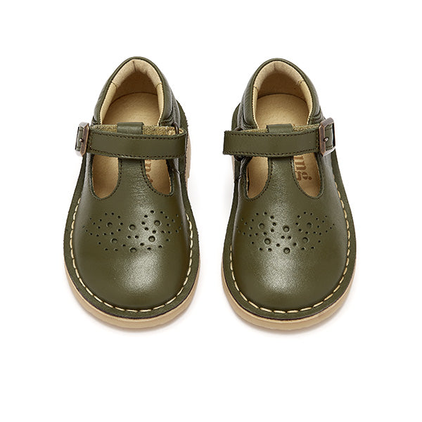 Penny Velcro T-Bar Kids Shoe Olive Leather
