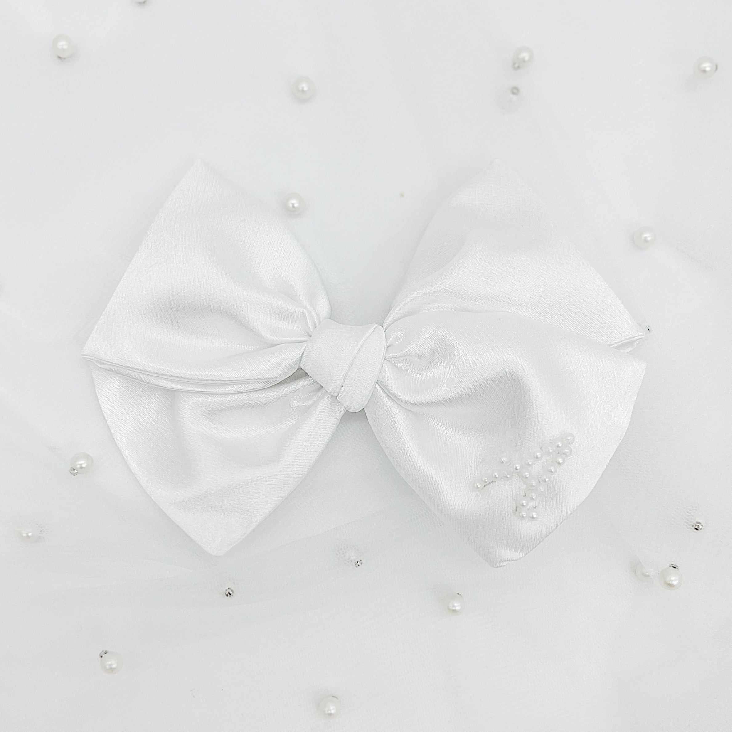 White Satin Pearl Initial Bow