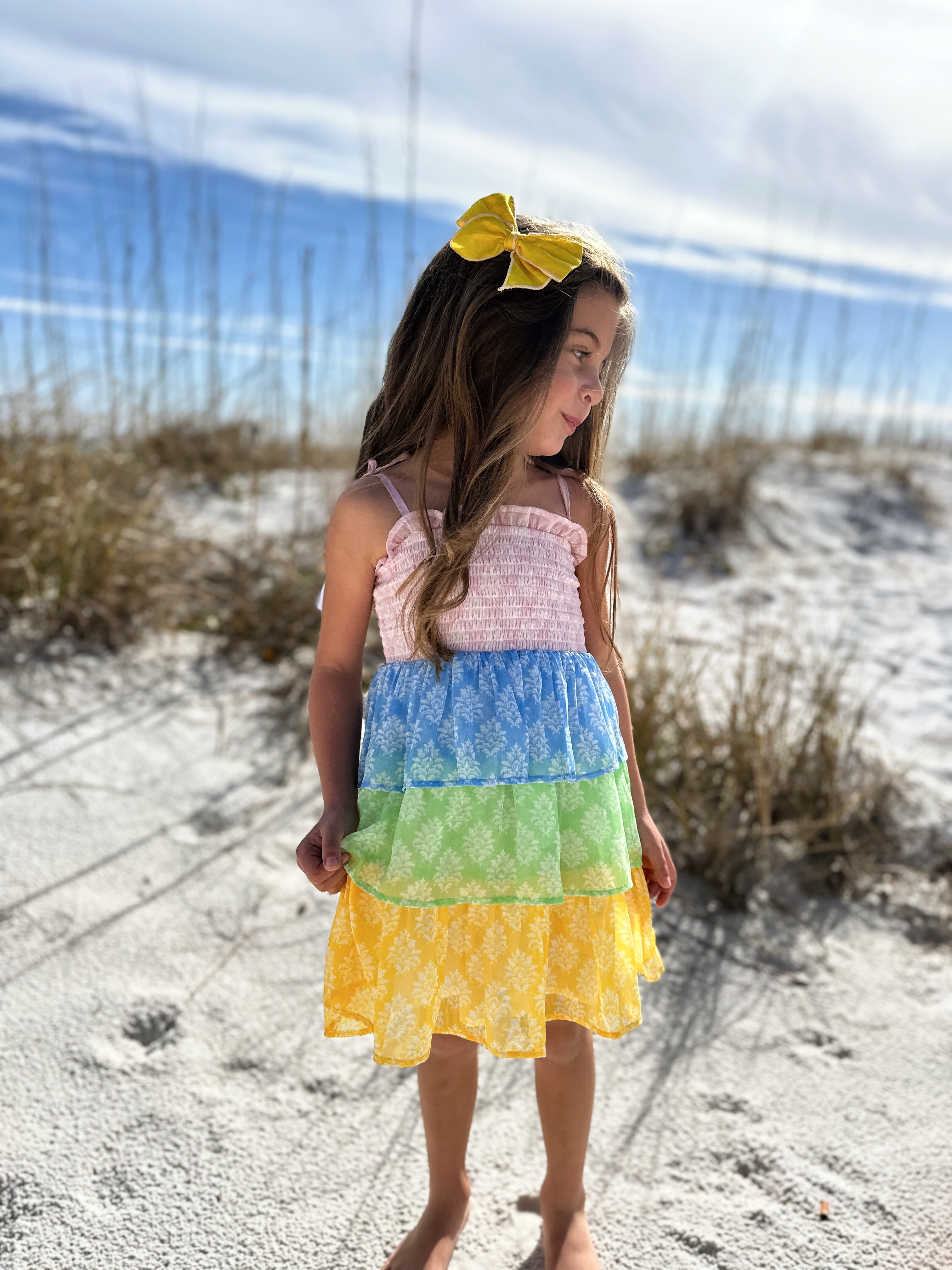 Smock Bodice Tiered Dress Block Print