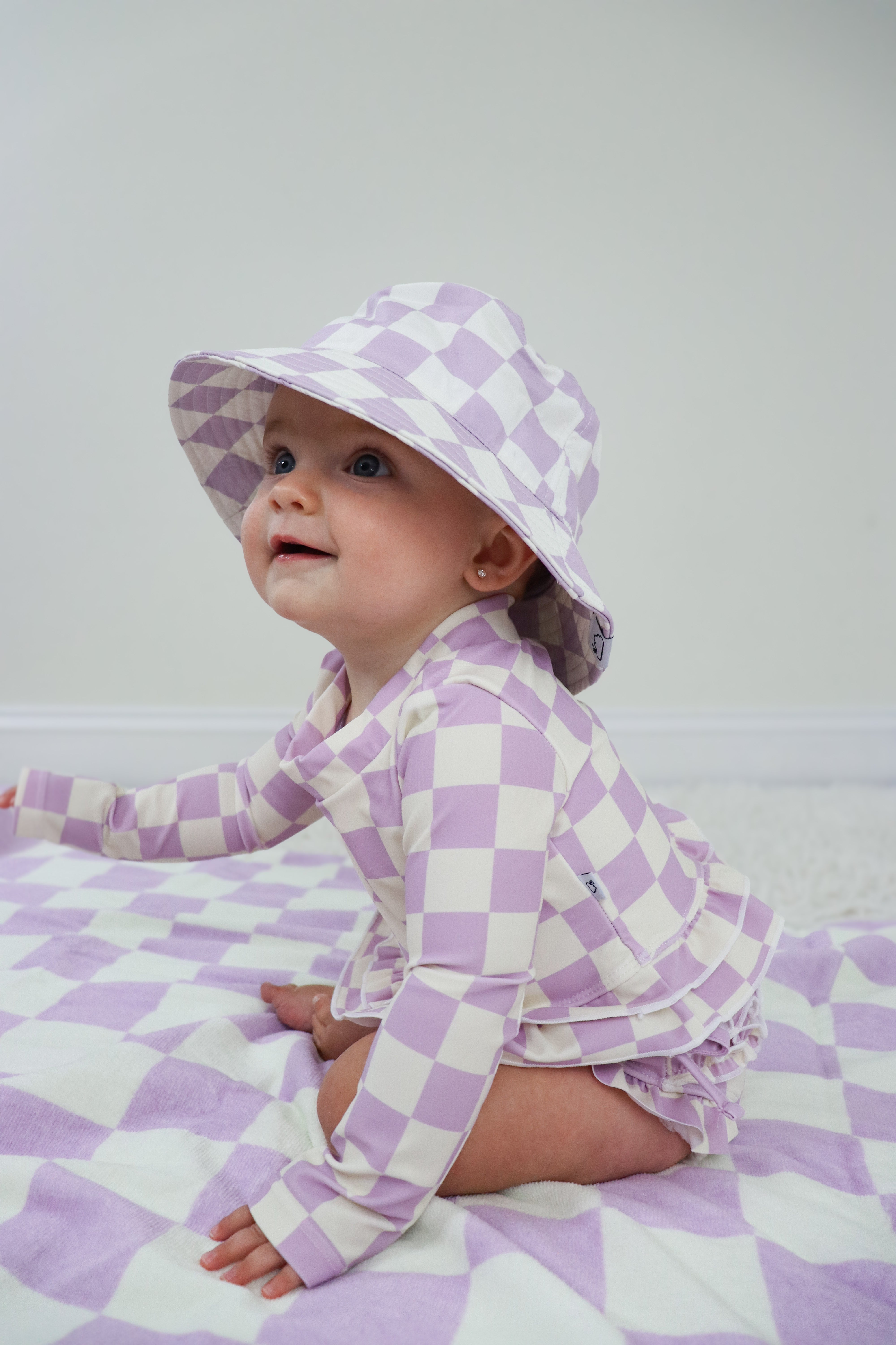 Periwinkle Checkers Dream Rash Guard Ruffle Two-piece Swim Suit