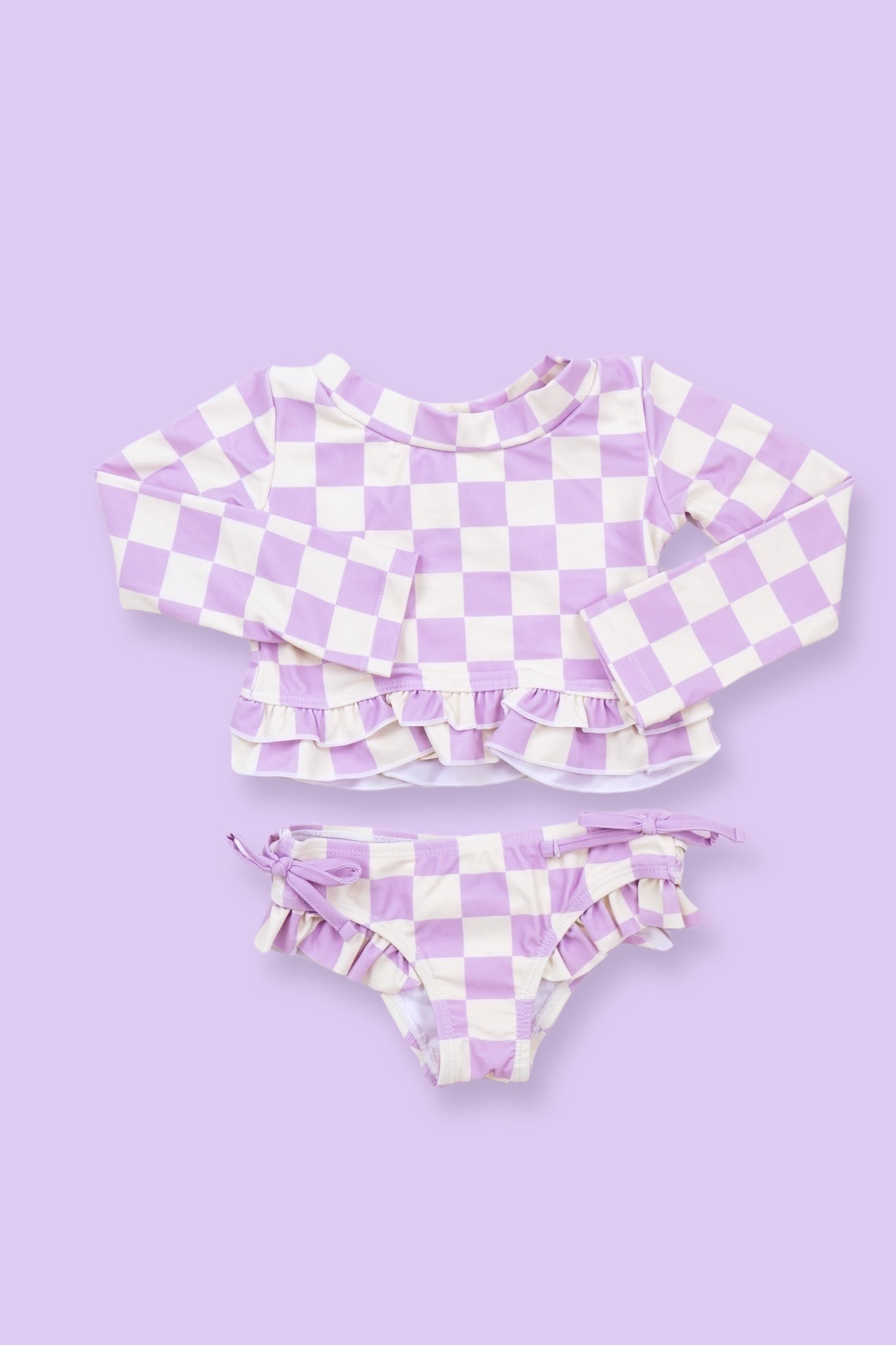 Periwinkle Checkers Dream Rash Guard Ruffle Two-piece Swim Suit