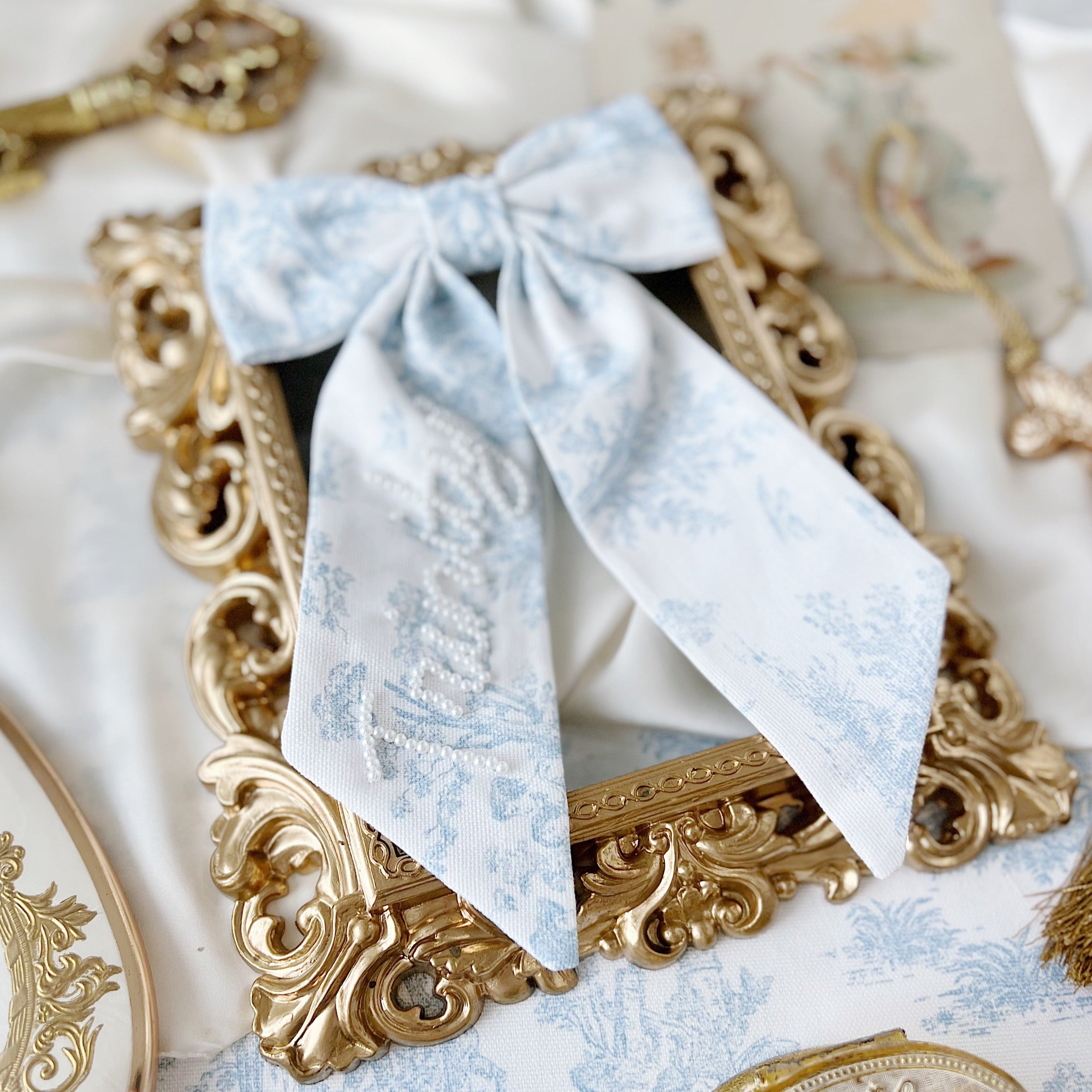Blue Toile Sailor Pearl Bow
