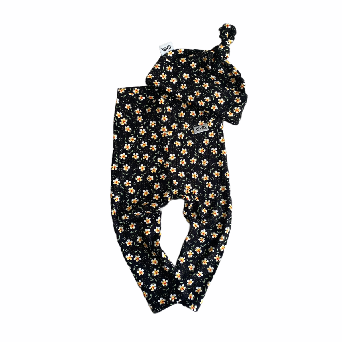 Dainty Floral Black Ribbed Leggings And/or Beanie Knot Hat