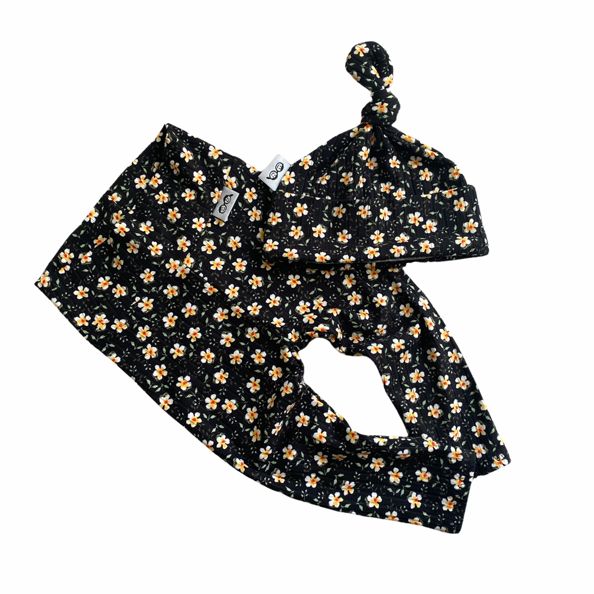 Dainty Floral Black Ribbed Leggings And/or Beanie Knot Hat