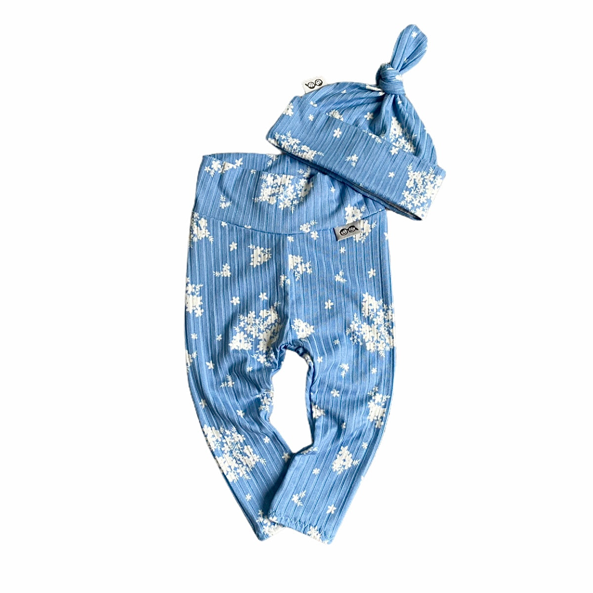 Minimal Floral Blue Ribbed Leggings And/or Knot Beanie Hat