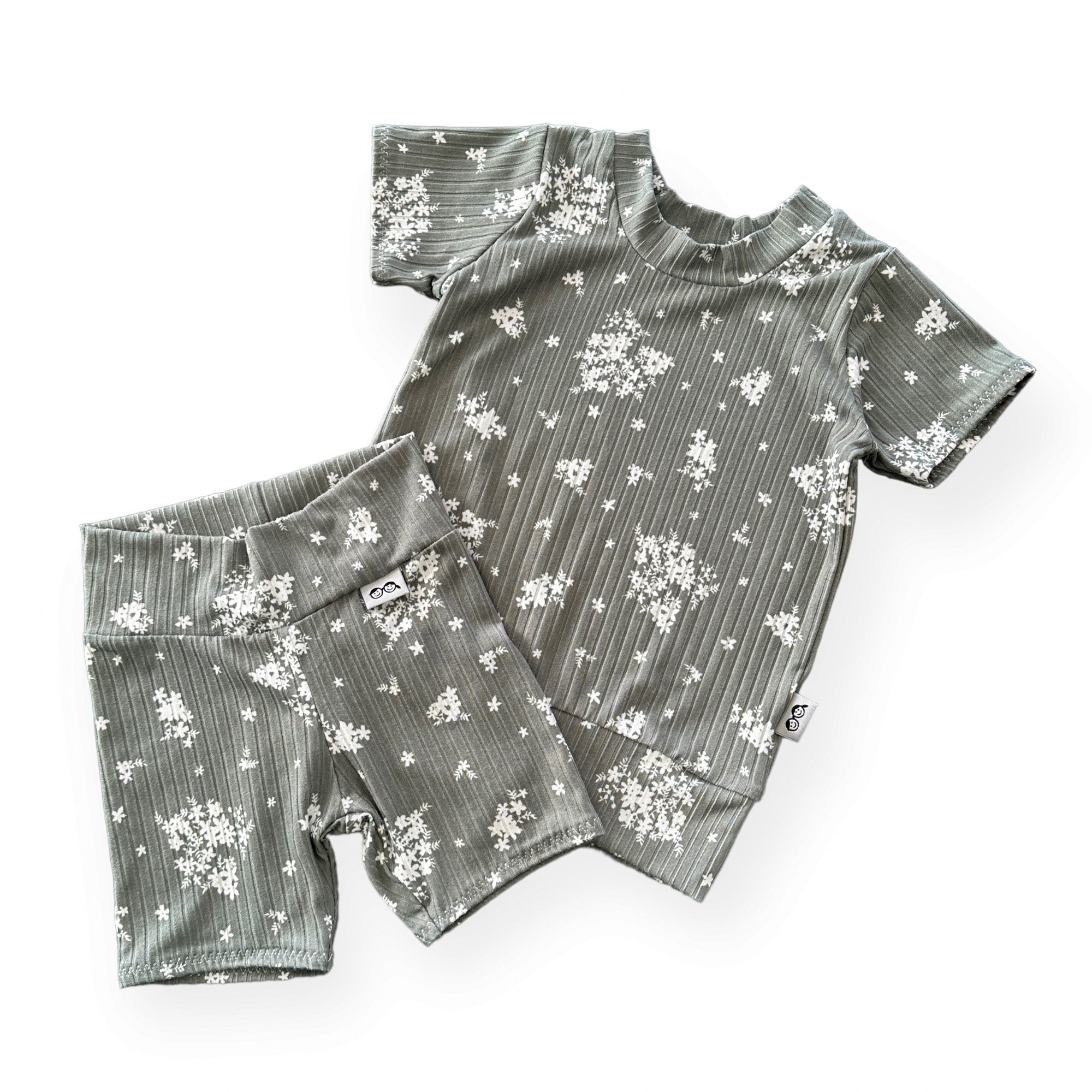 Minimal Floral Olive Ribbed Biker Shorts Lounge Set