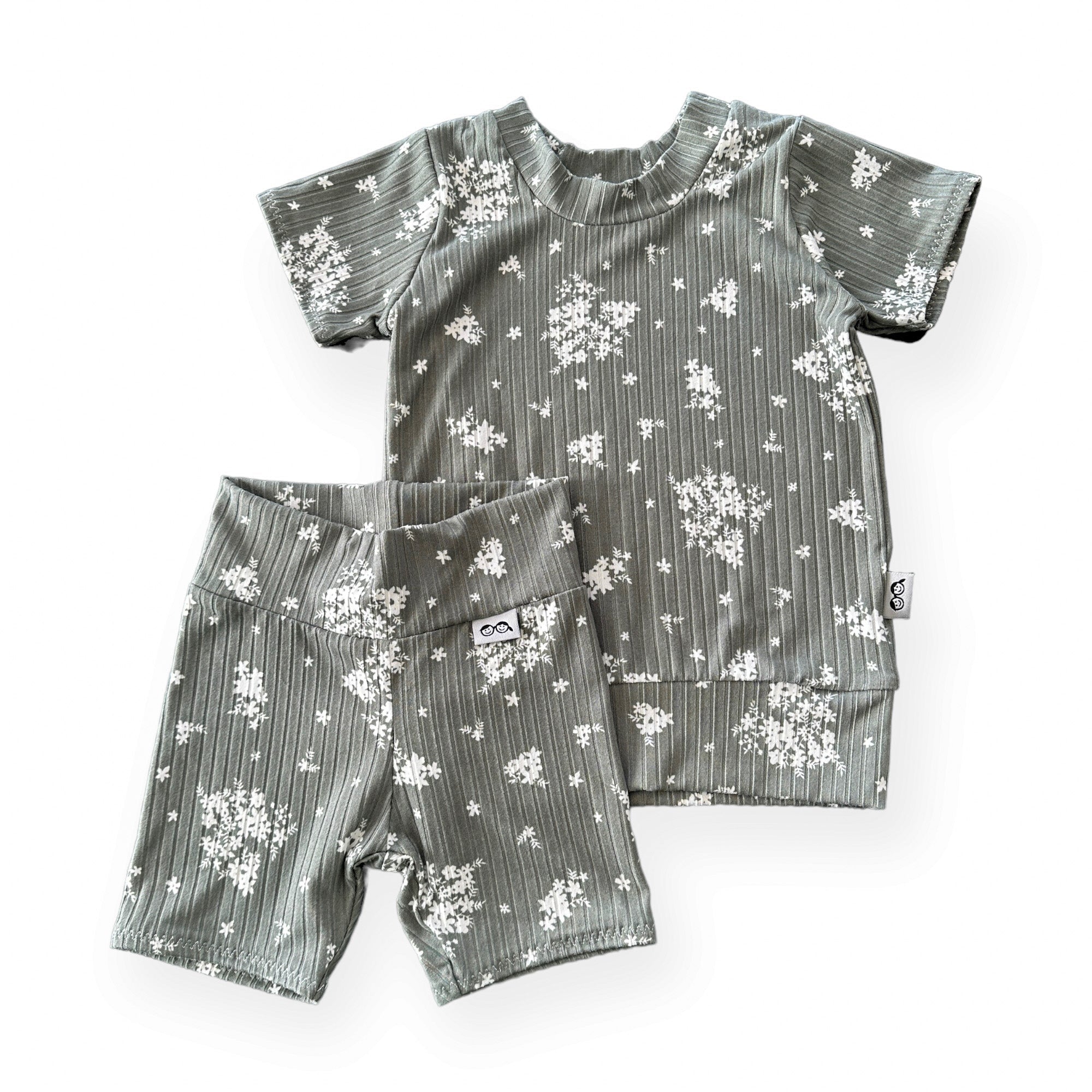 Minimal Floral Olive Ribbed Biker Shorts Lounge Set