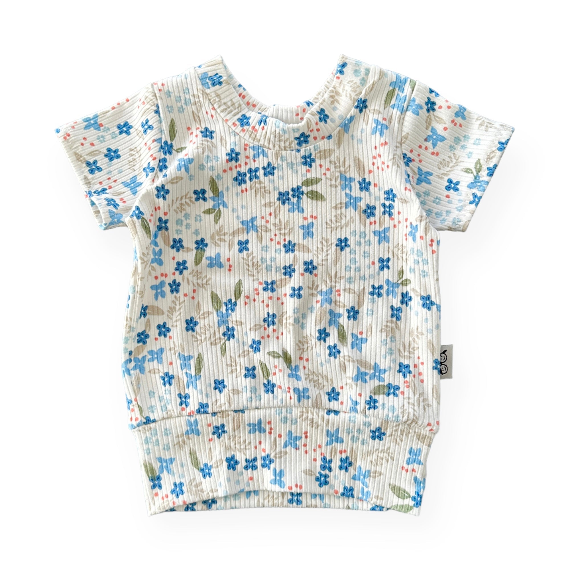 Blue Tone Dainty Flowers On White Ribbed Summer Lounge Top