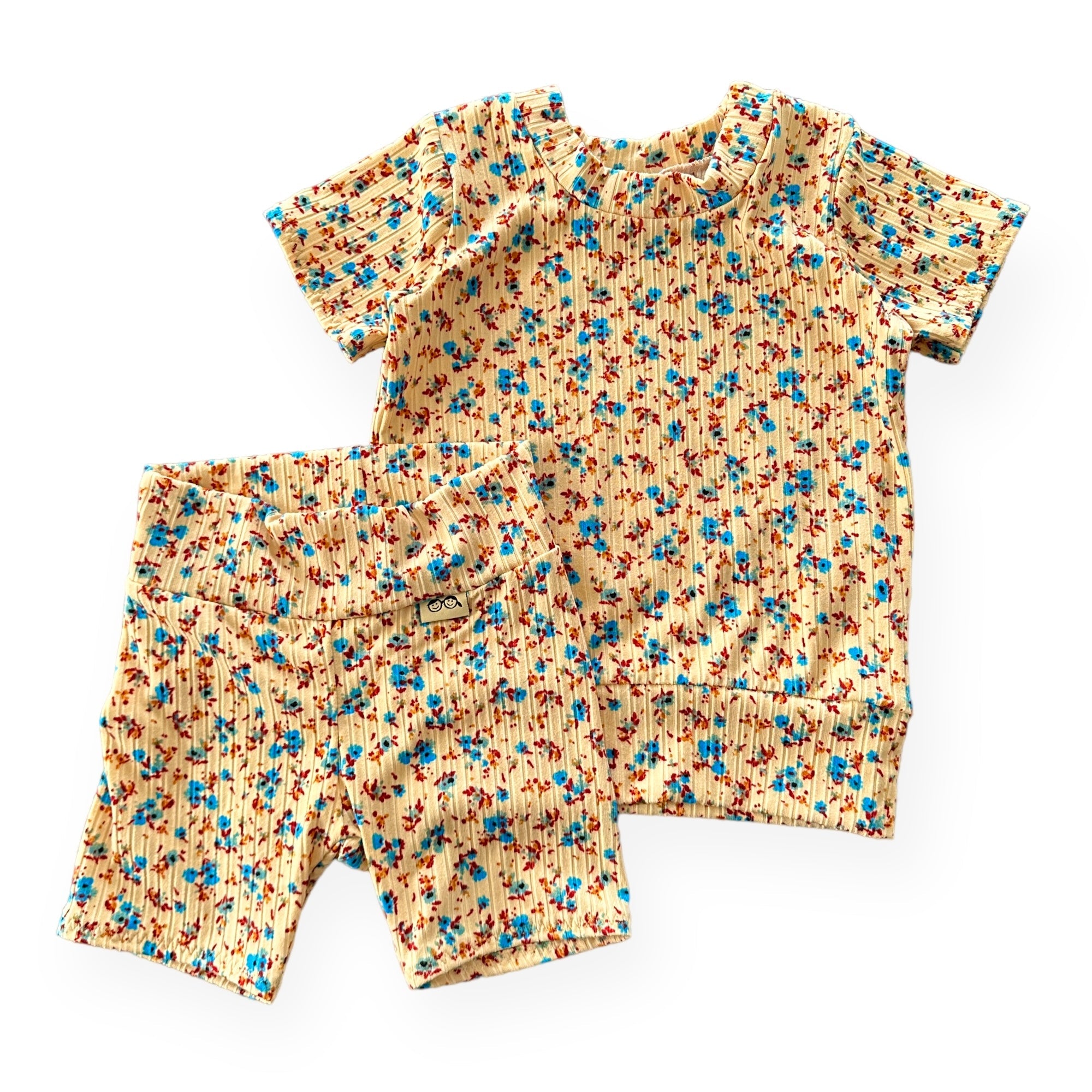 Dainty Floral On Yellow Ribbed Biker Shorts Lounge Set