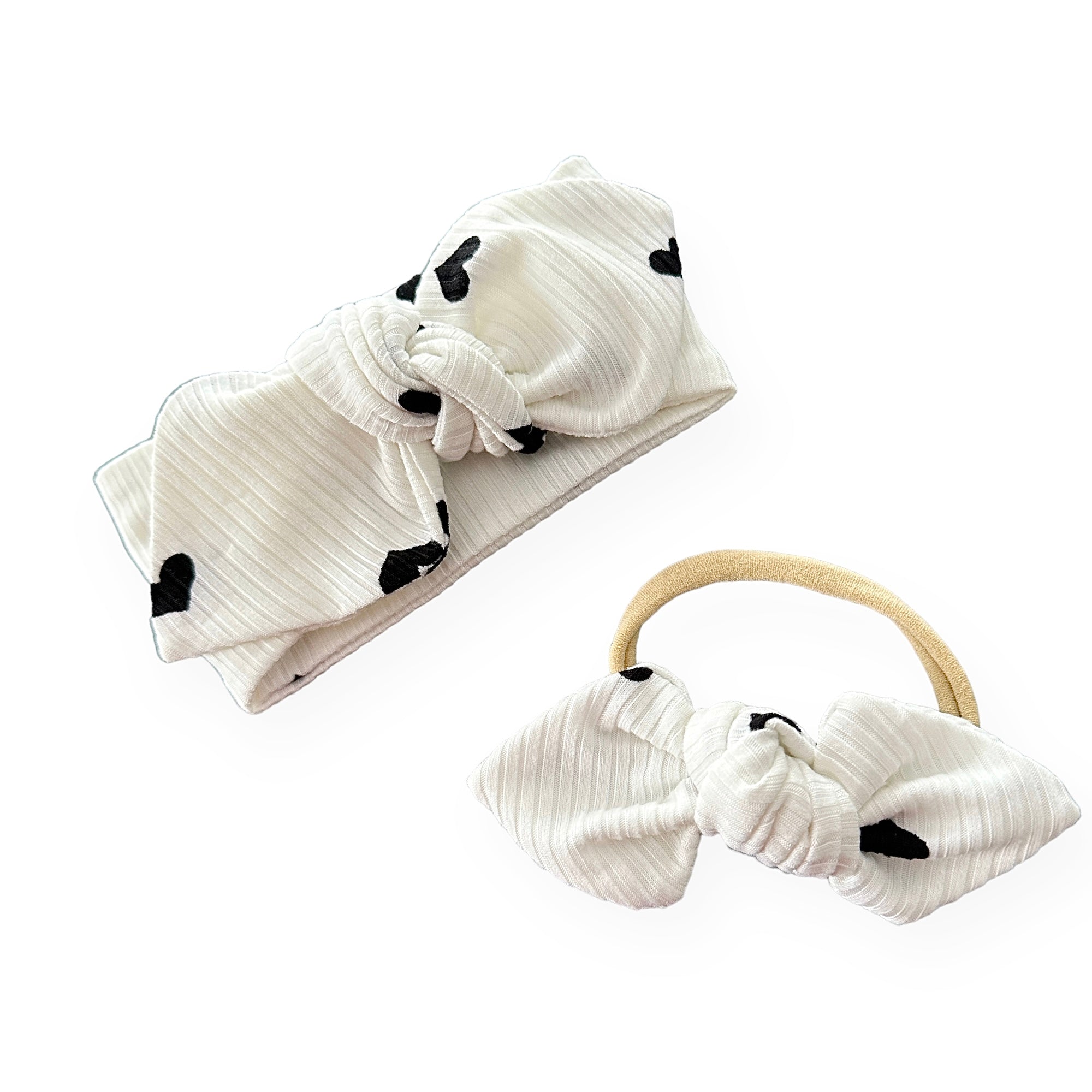 Flipped Black Hearts On White Ribbed Headbands