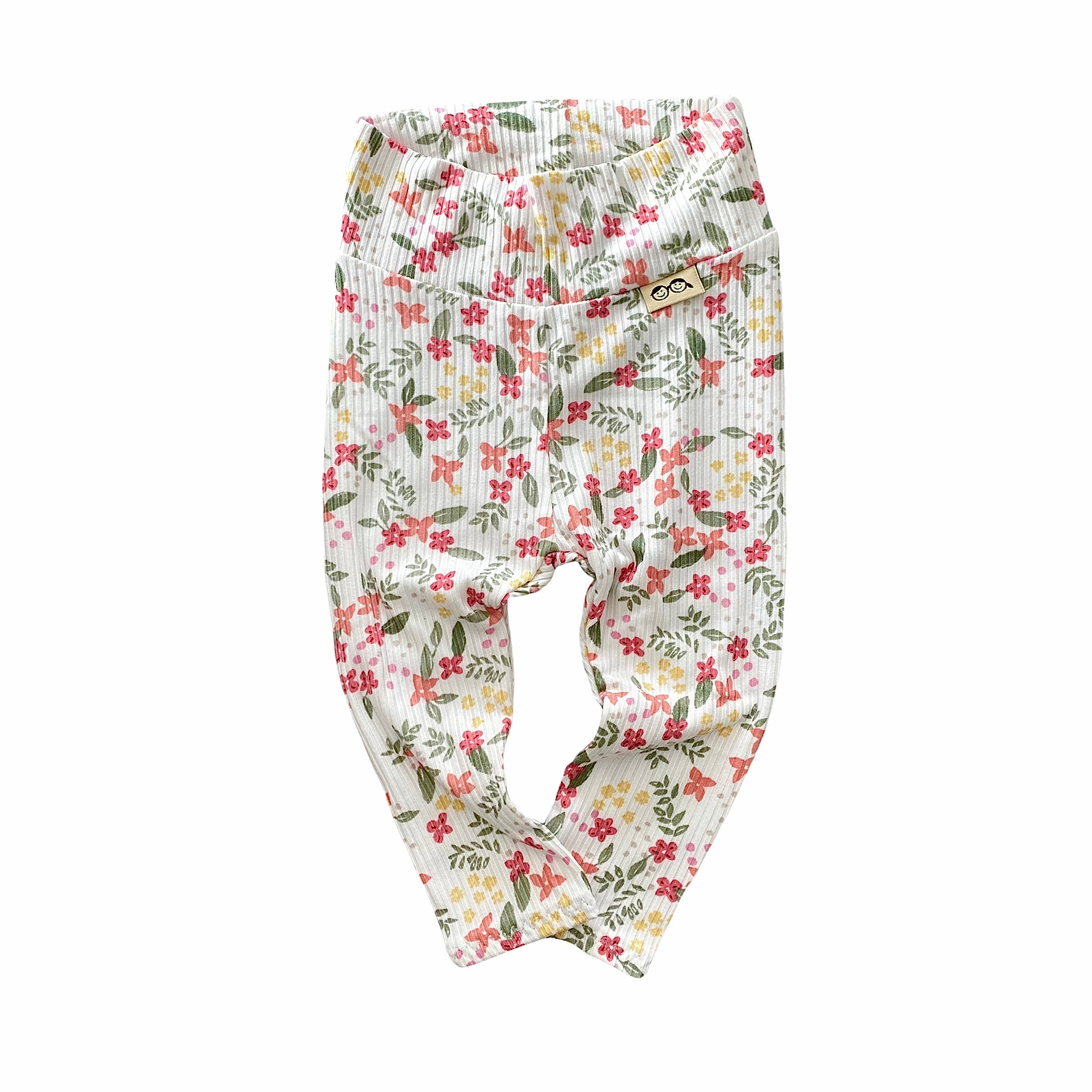 Colorful Dainty Flowers On White Ribbed Leggings