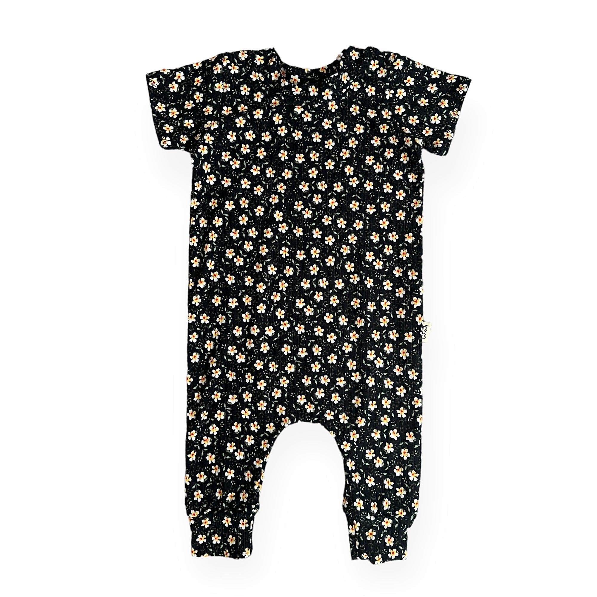 Dainty Floral Black Ribbed Harem Romper