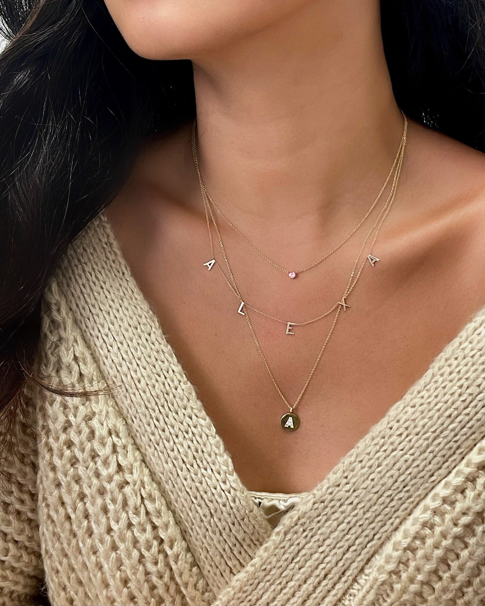 14k Gold Small Diamond Initial Disc Pendant Necklace