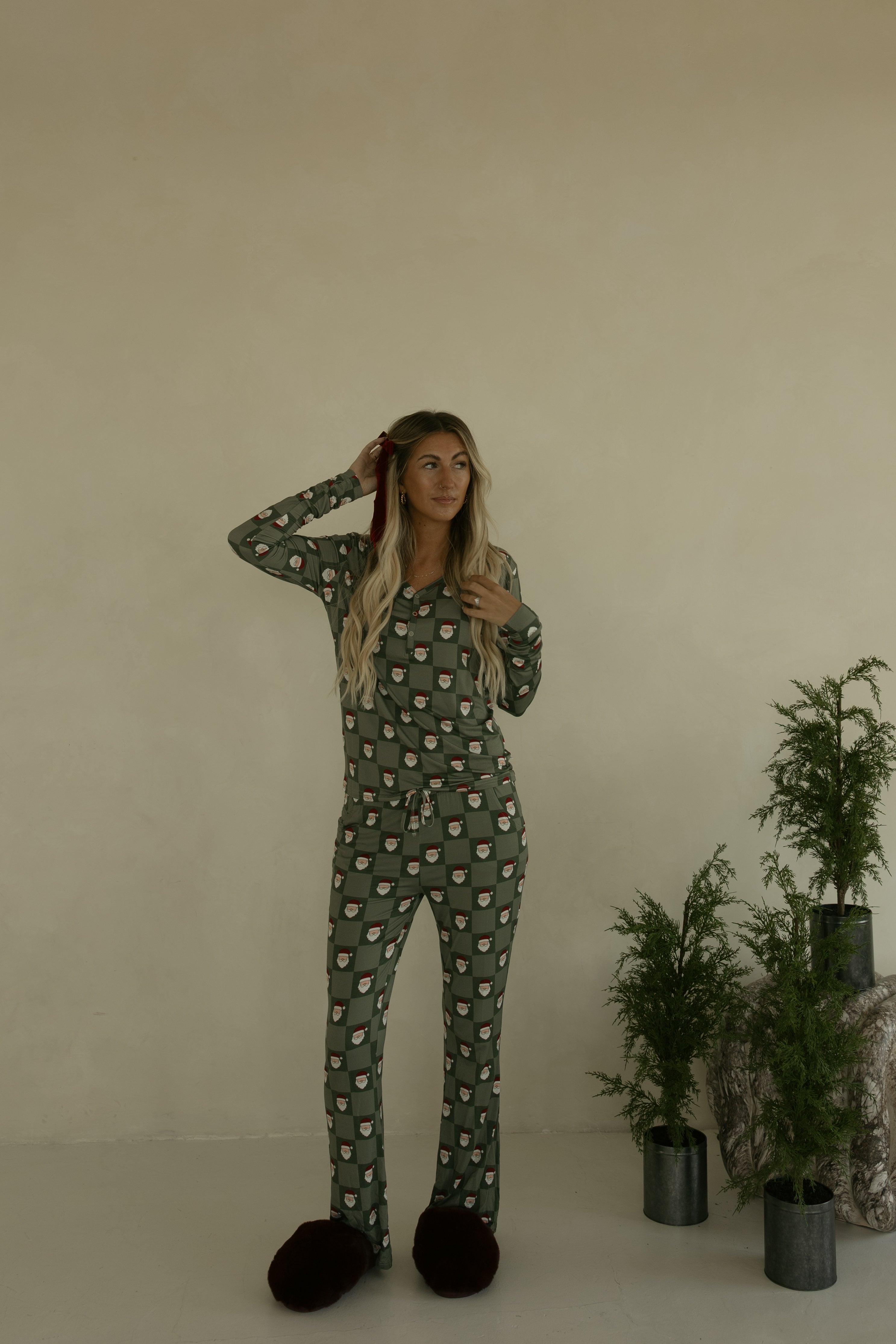 Women's Long Sleeve Bamboo Pajama | Santa Checkerboard