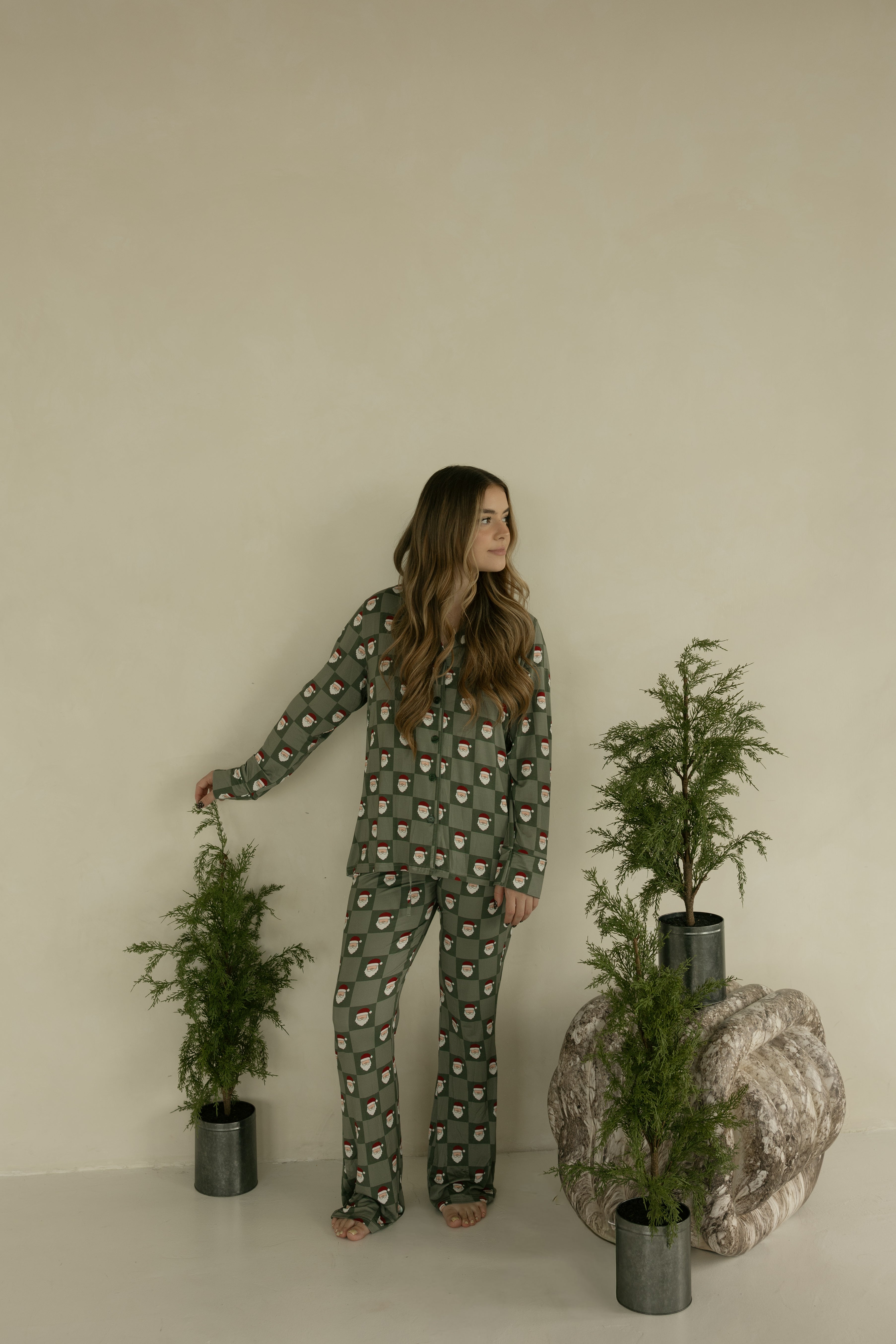 Women's Bamboo Button Up Lounge Set | Santa Checkerboard