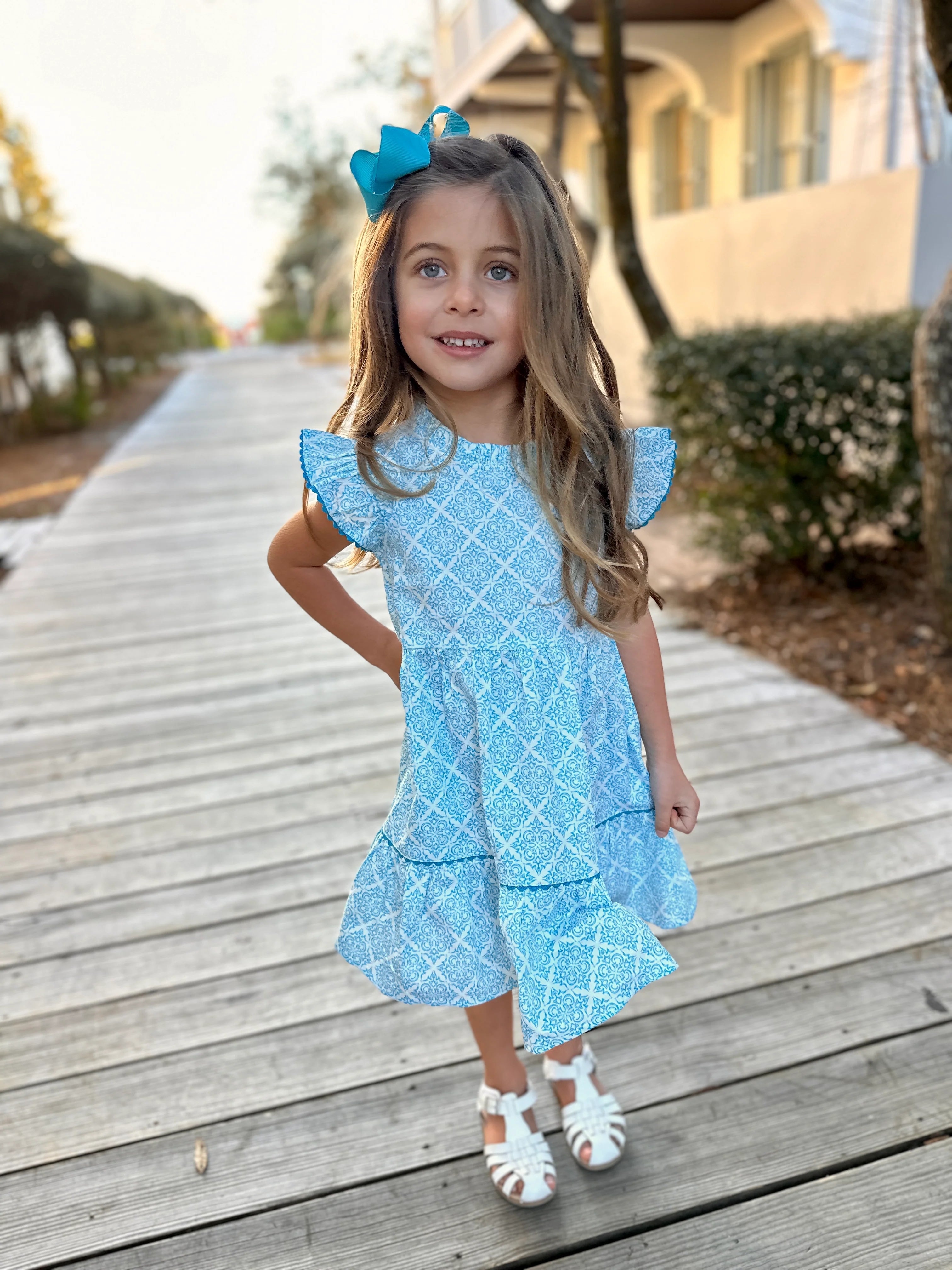Geometric Blue Ruffle Dress