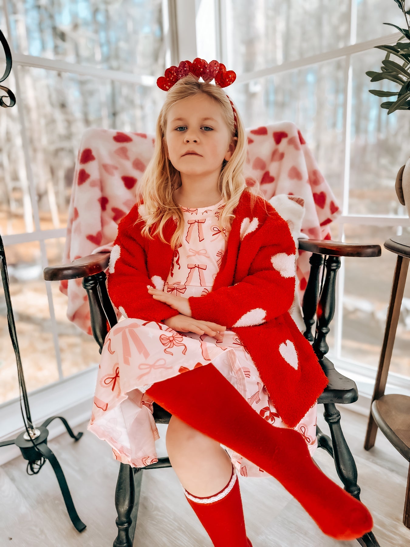 Valentine’s Day Girls Red Heart Pattern Fuzzy Knit Cardigan With Front Pockets