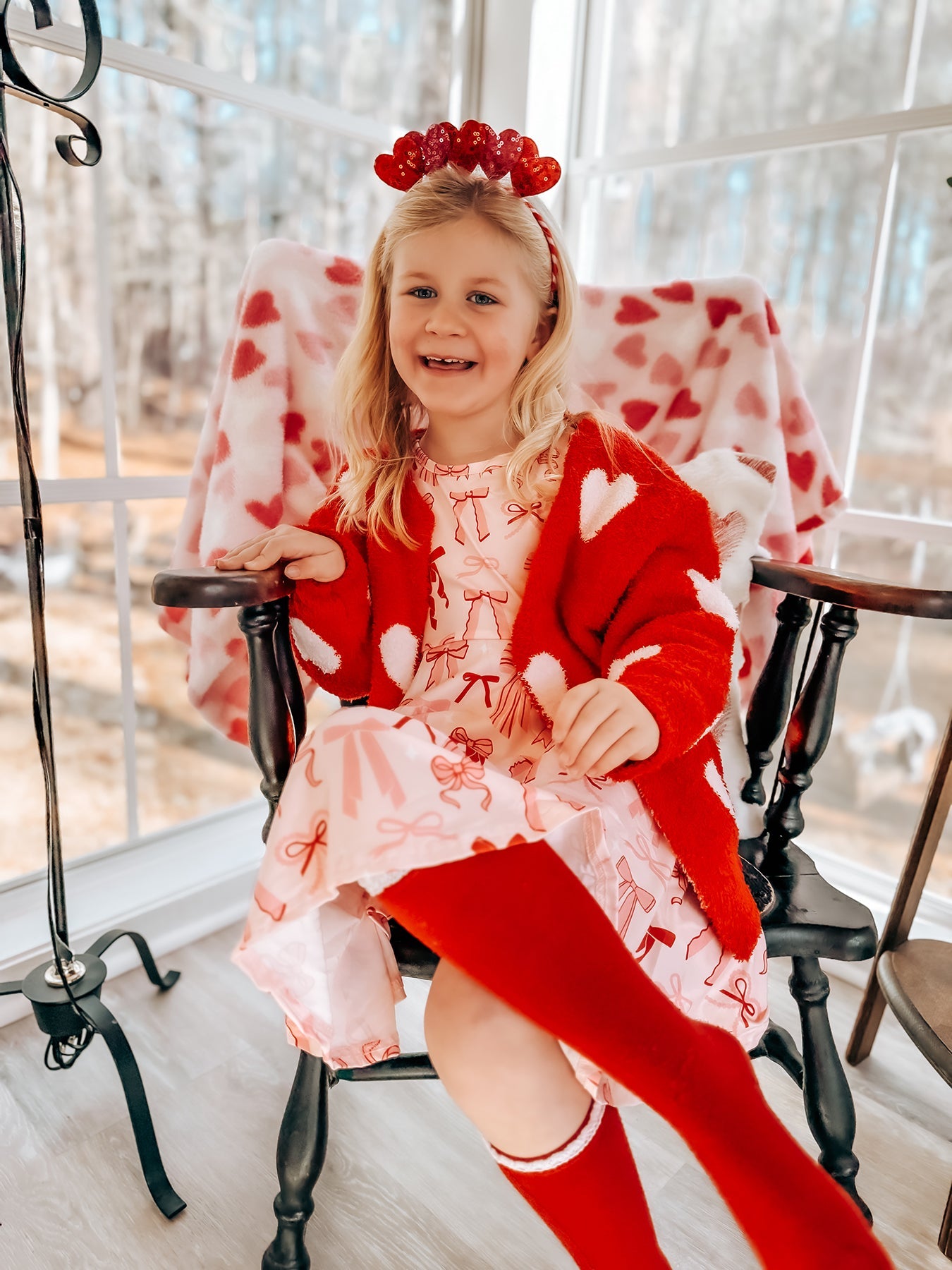 Valentine’s Day Girls Red Heart Pattern Fuzzy Knit Cardigan With Front Pockets