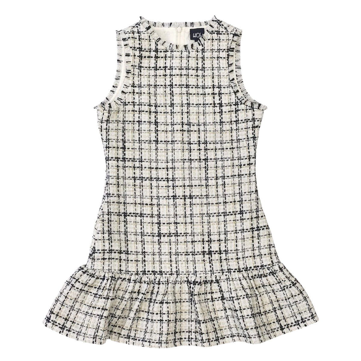 Aa Black, White And Gold Tweed Ruffle Dress