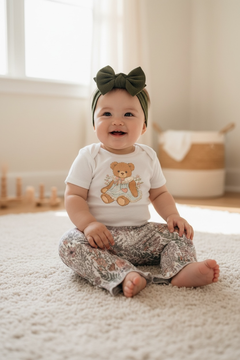 Vintage Teddy Bear Baby Bell Bottom Outfit