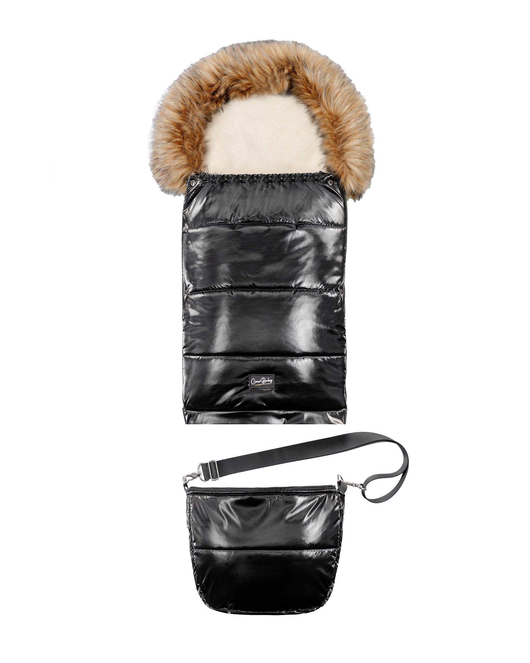 Satin Black Organic Premium Beige Wool Adjustable Footmuff