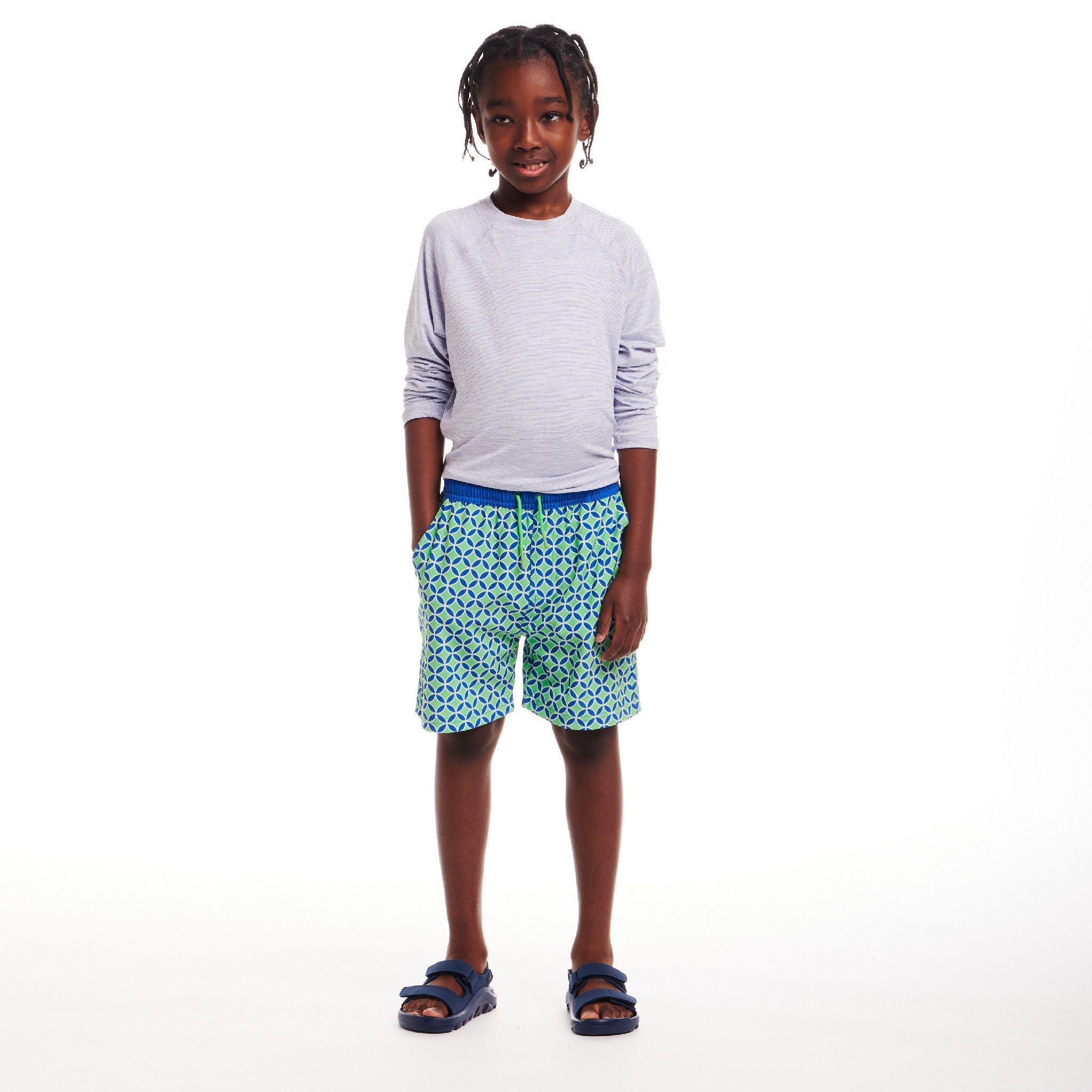 Kids (4-18) Swim Trunk | Green Blue Geometric