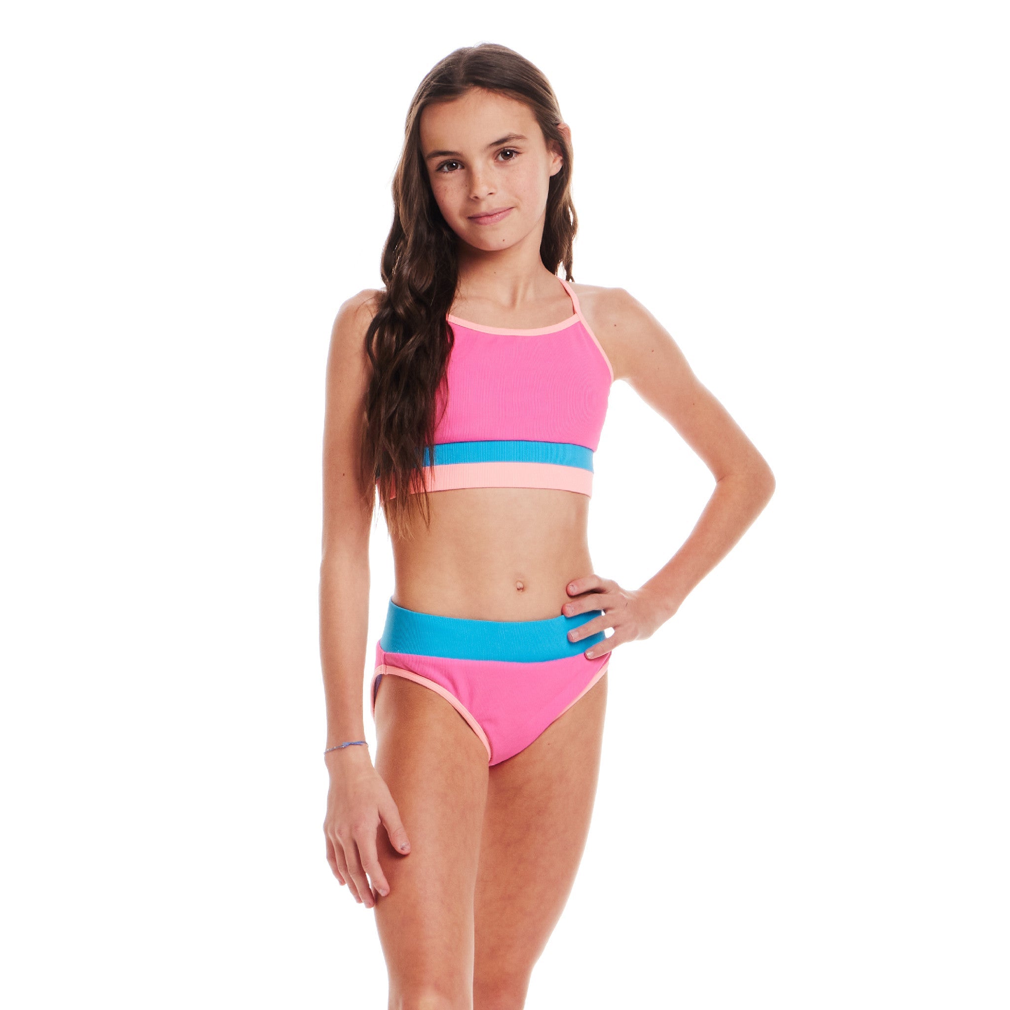 Kids (4-16) Two Piece Swimsuit Set | Pink Color Block
