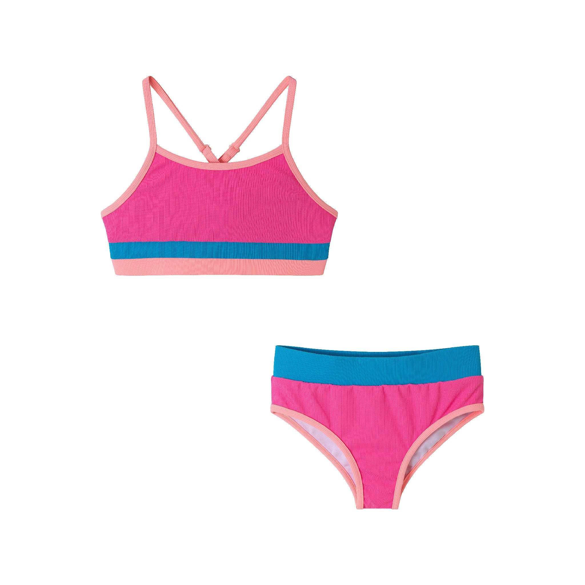 Kids (4-16) Two Piece Swimsuit Set | Pink Color Block