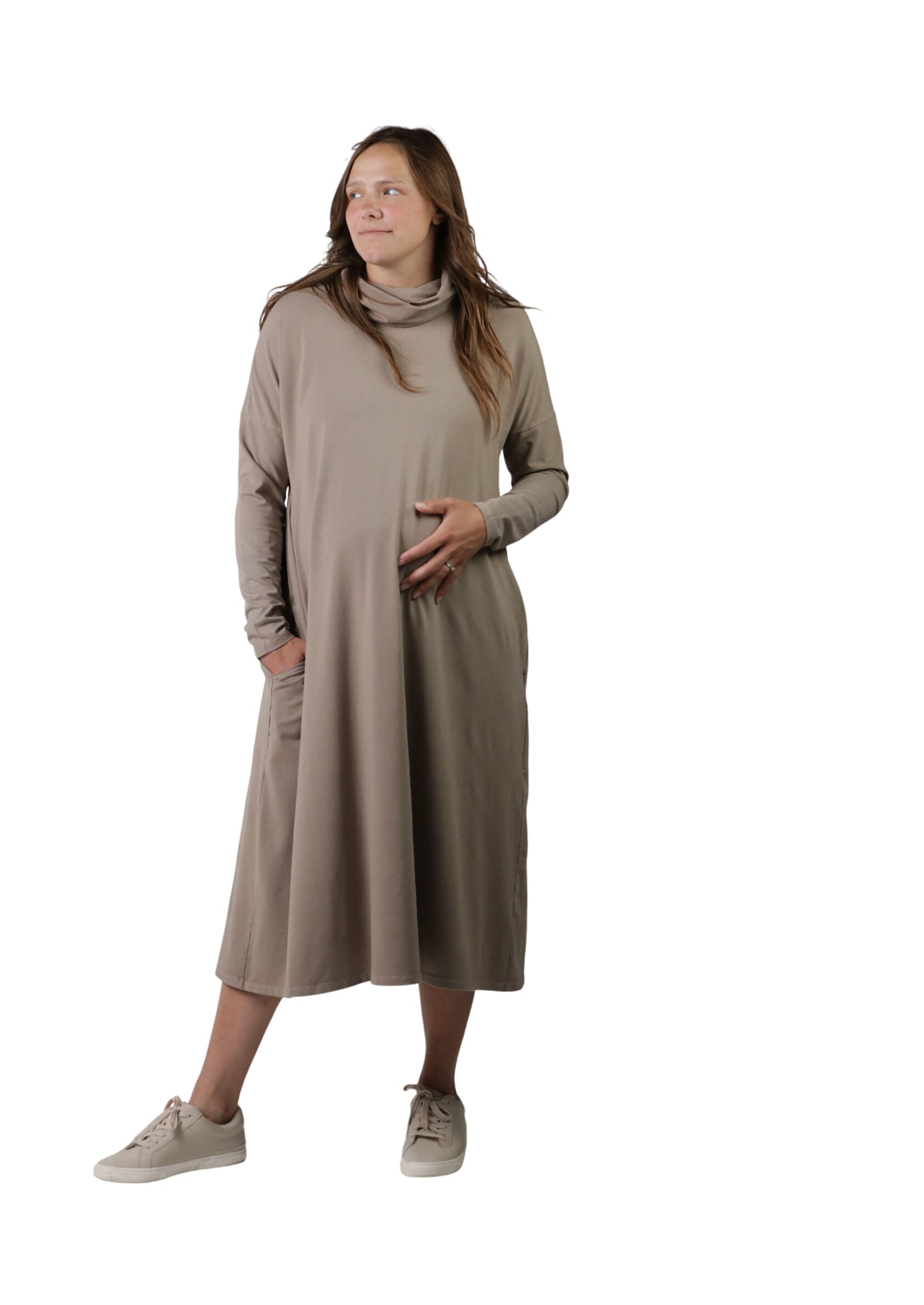 Meredith || Cowl Neck Long Sleeve Maternity Midi Dress
