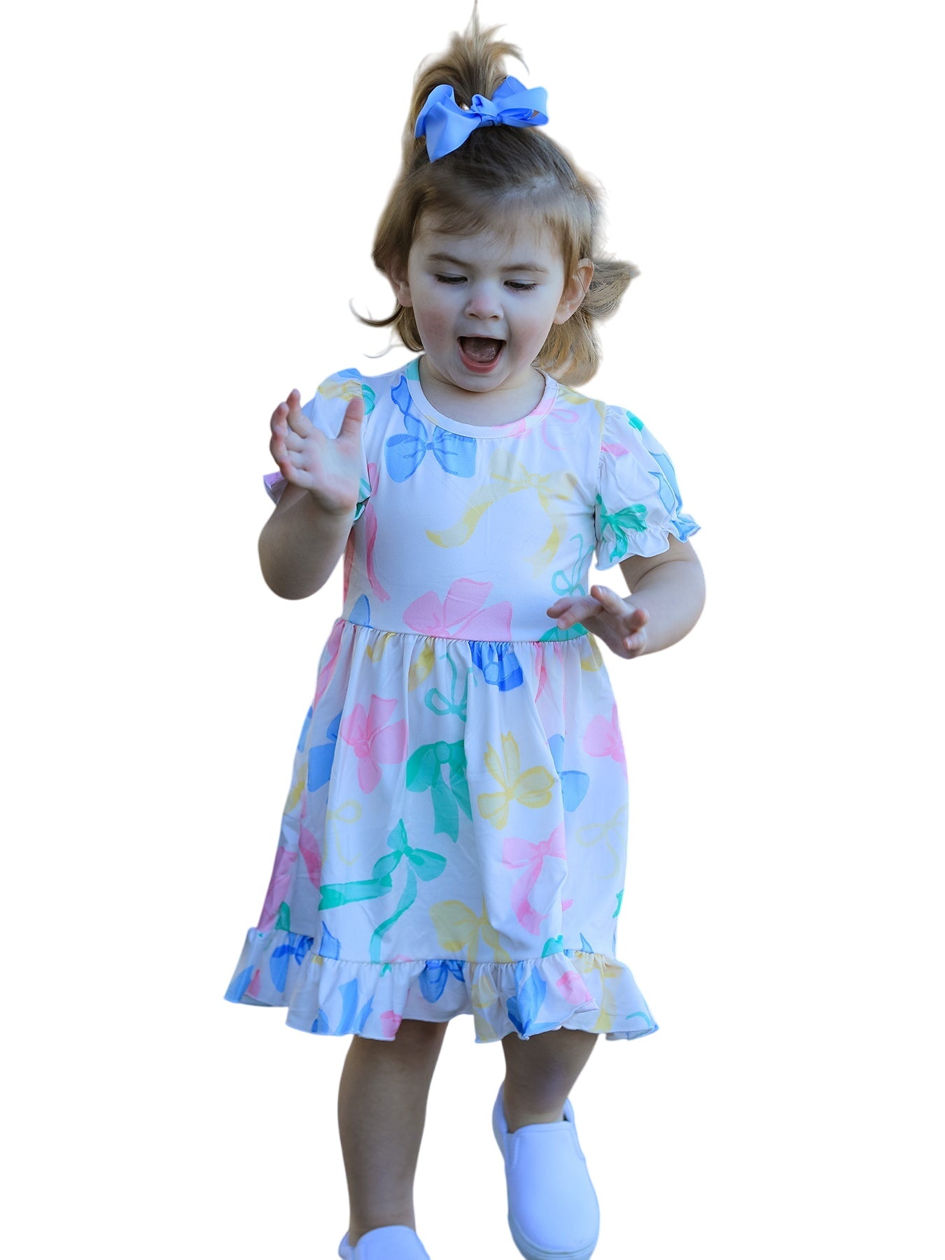 Easter Colorful Bow Print Puff Sleeves Girls Dress