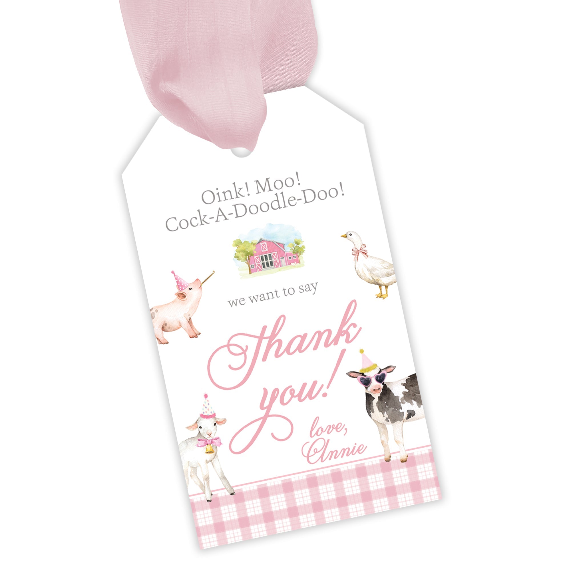 Pink Farm Animal Party Favor Tag