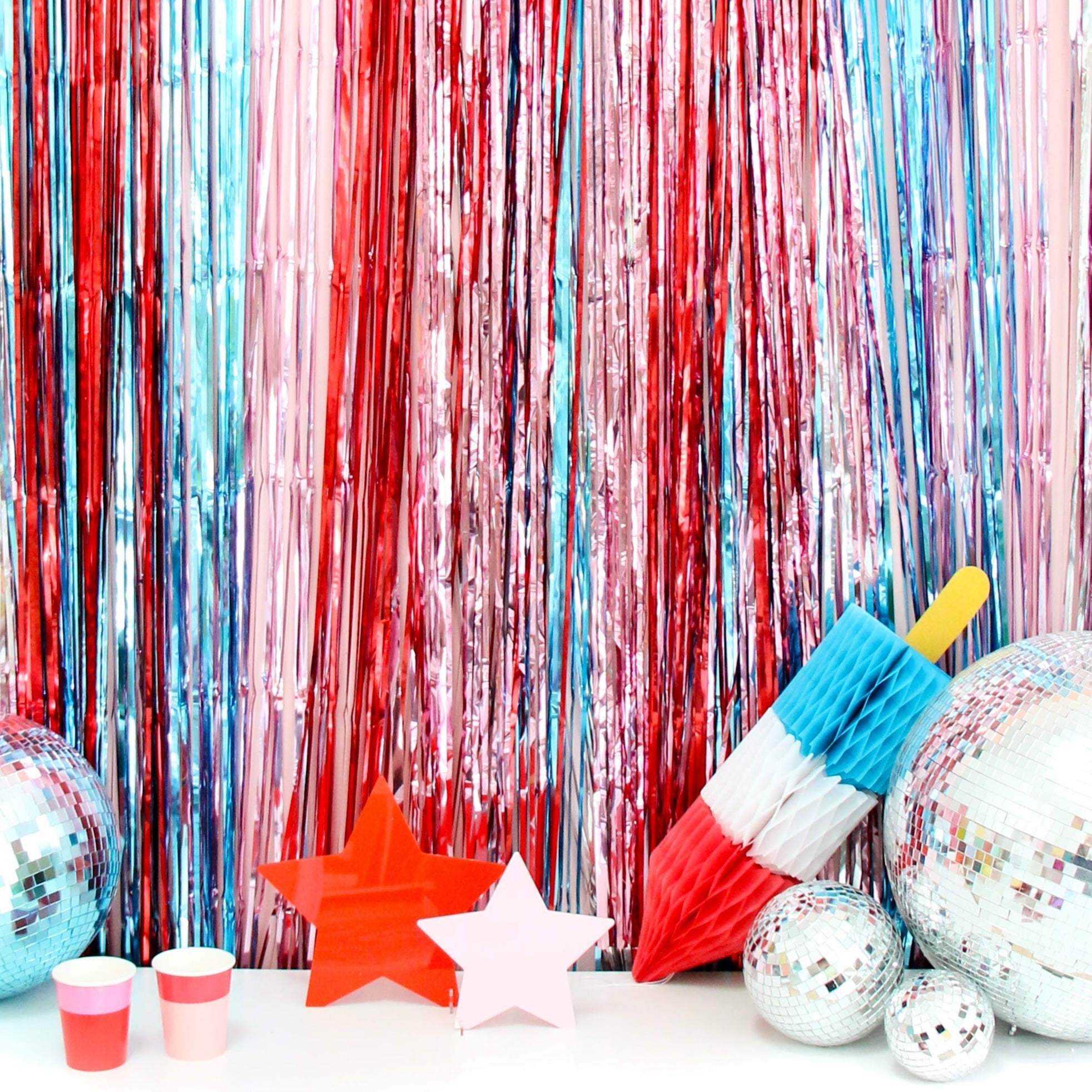 Red, White, And Blue Mylar Streamer Curtain Backdrop
