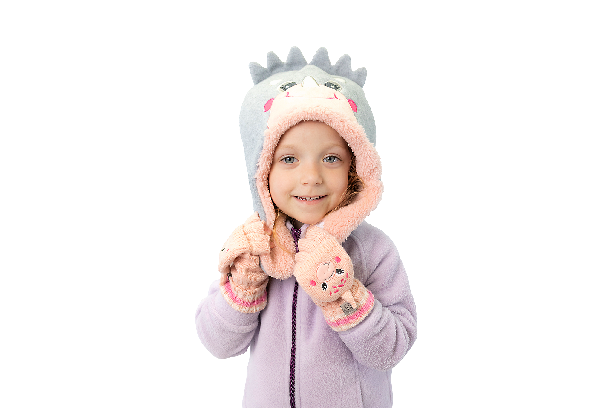 Toddler/kids Knitted Fingerless Gloves With Mitten Flaps - Dino Pink