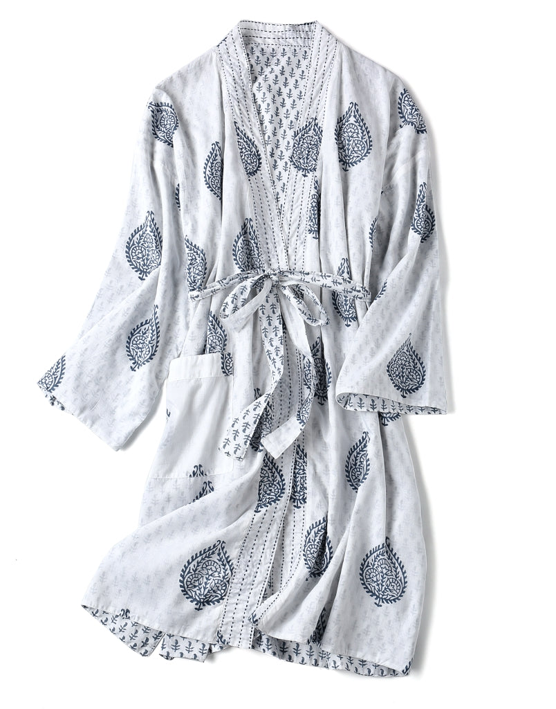 Block Printed Reversible Blue Robe - Fort