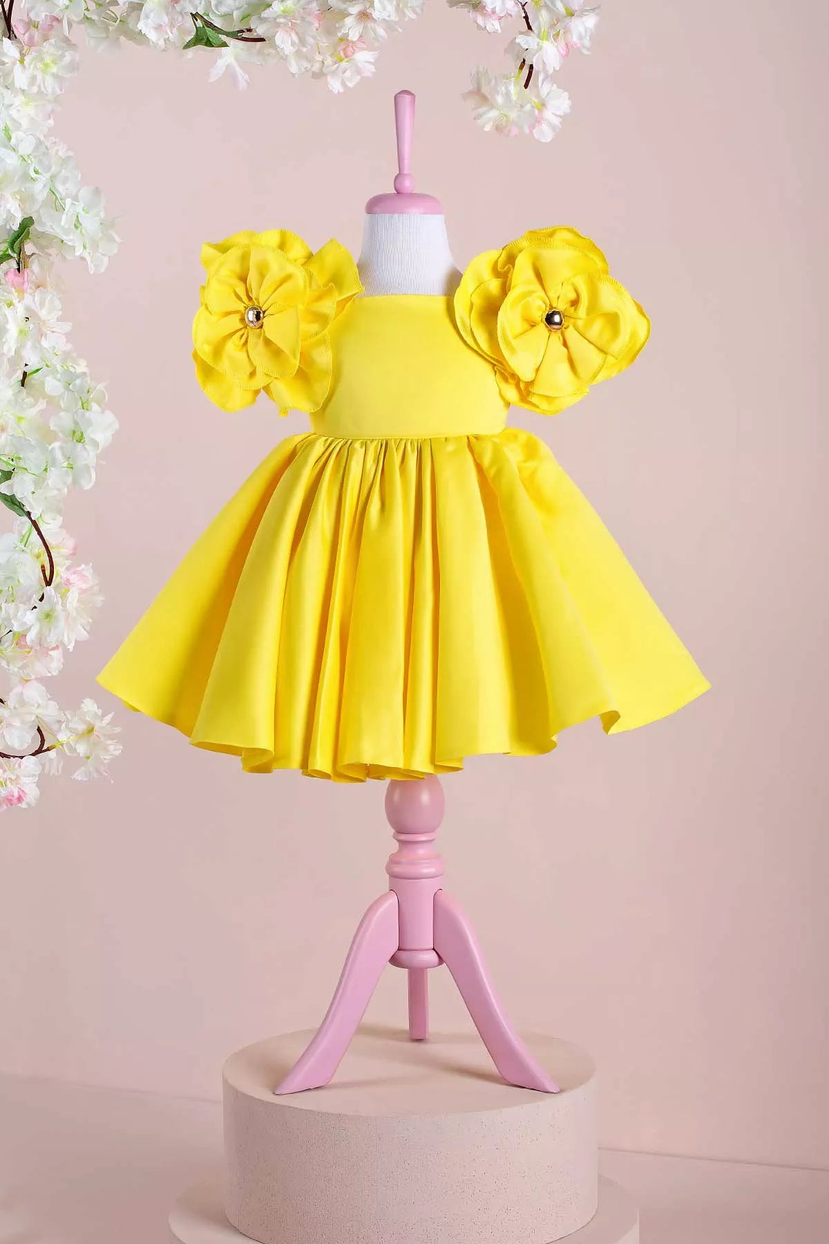 THA Dressing Rosa Yellow Party Dress with Flower Sleeves