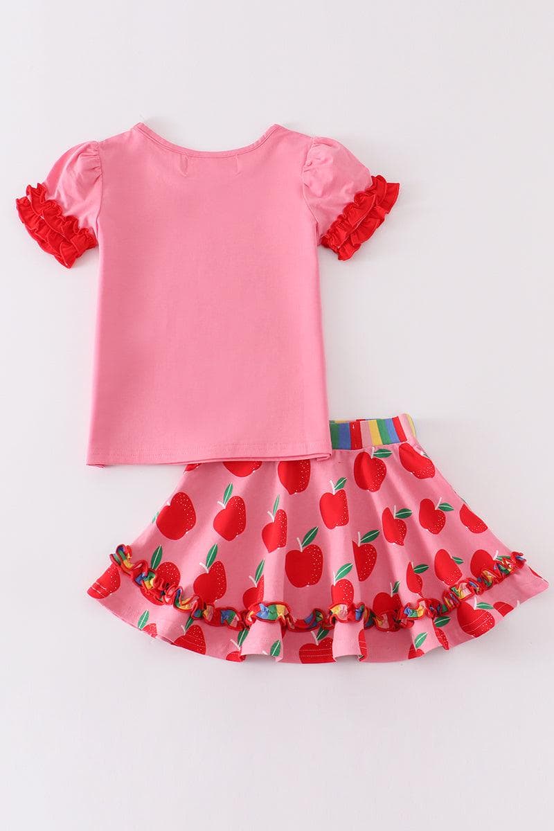 Back To School Apple Top & Skirt Set W/ Hair Bow
