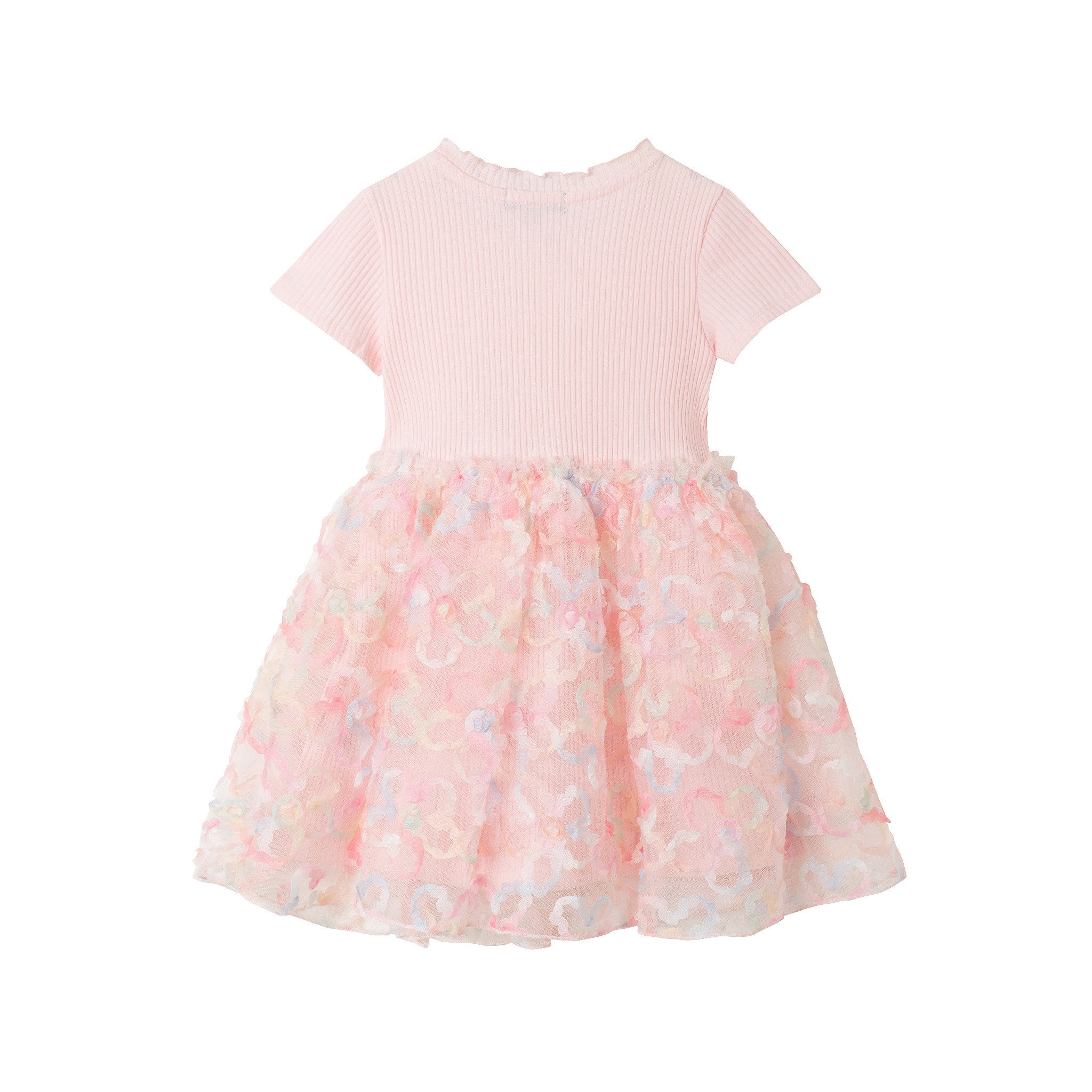 Kids (2-6x) Rib Knit Dress With 3d Floral Tulle Skirt | Light Pink