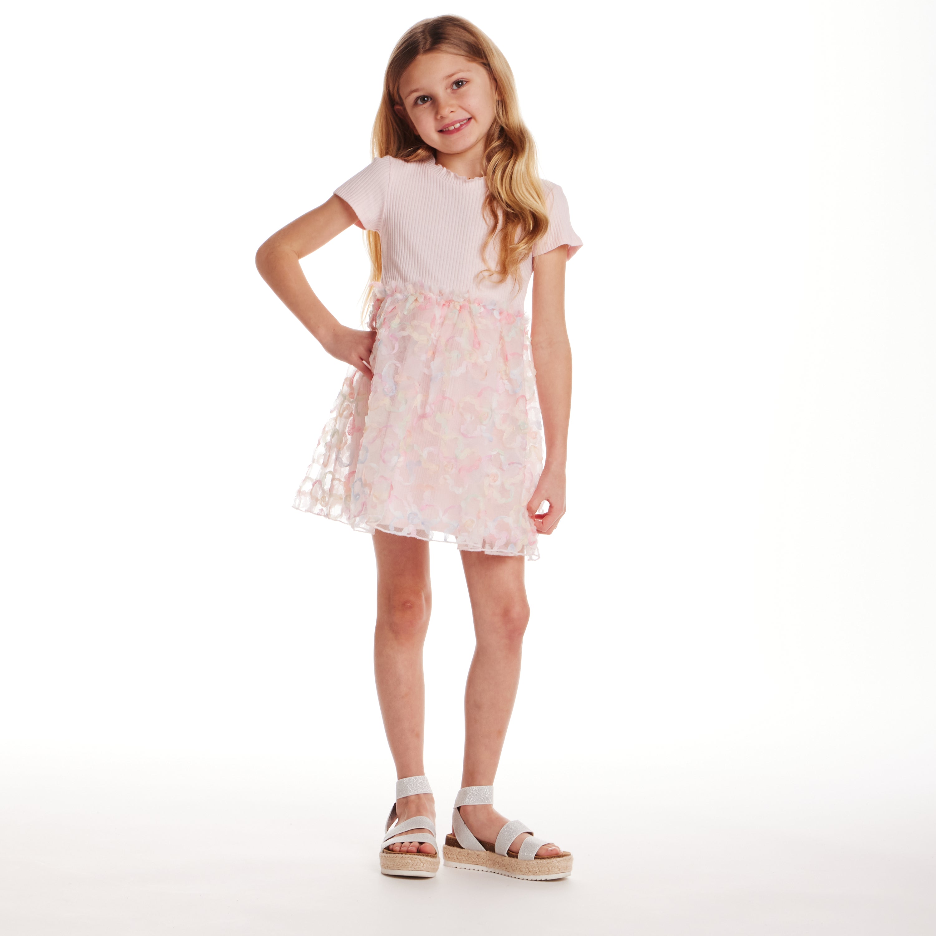 Kids (2-6x) Rib Knit Dress With 3d Floral Tulle Skirt | Light Pink