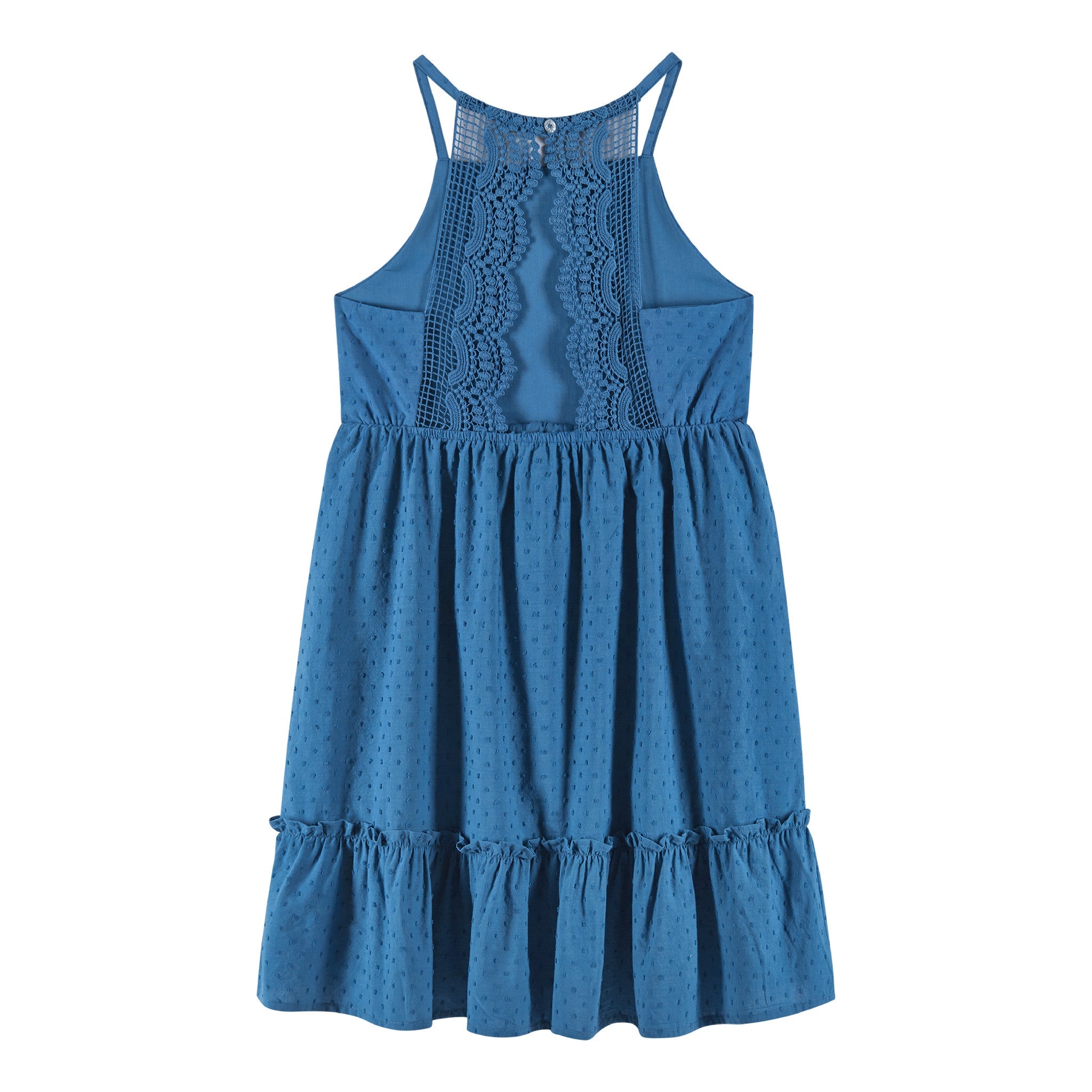 Kids (7-14) Blue Swiss Dot Dress W/ Lace Back Detail | Blue